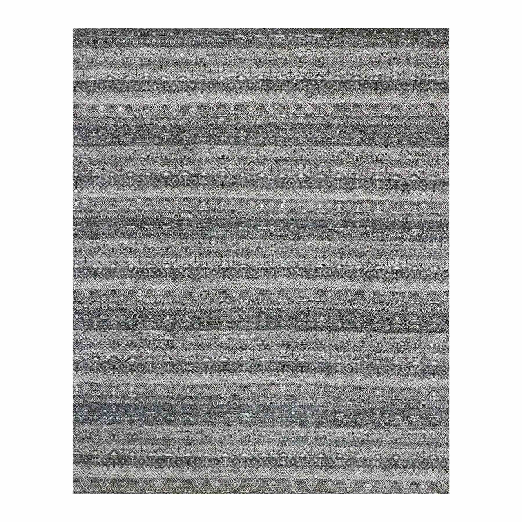 8'x10'1" Web Gray, Hand Knotted Tone On Tone Kohinoor Herat Pattern With Small Geometric Repetitive Design, Plush Shiny Wool, Oriental Rug HR79787