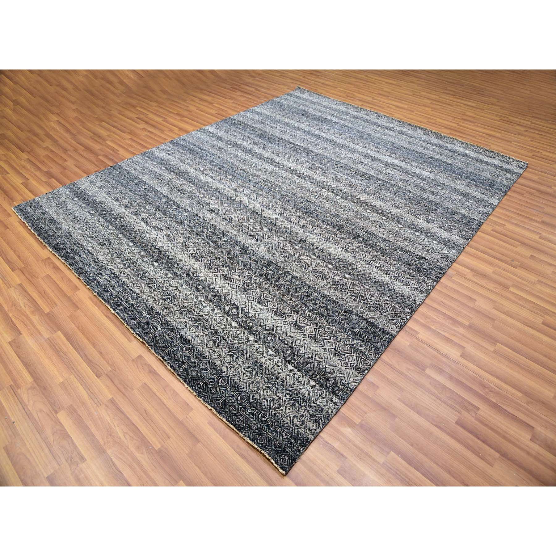 8'x10'1" Web Gray, Hand Knotted Tone On Tone Kohinoor Herat Pattern With Small Geometric Repetitive Design, Plush Shiny Wool, Oriental Rug HR79787 - Image 4