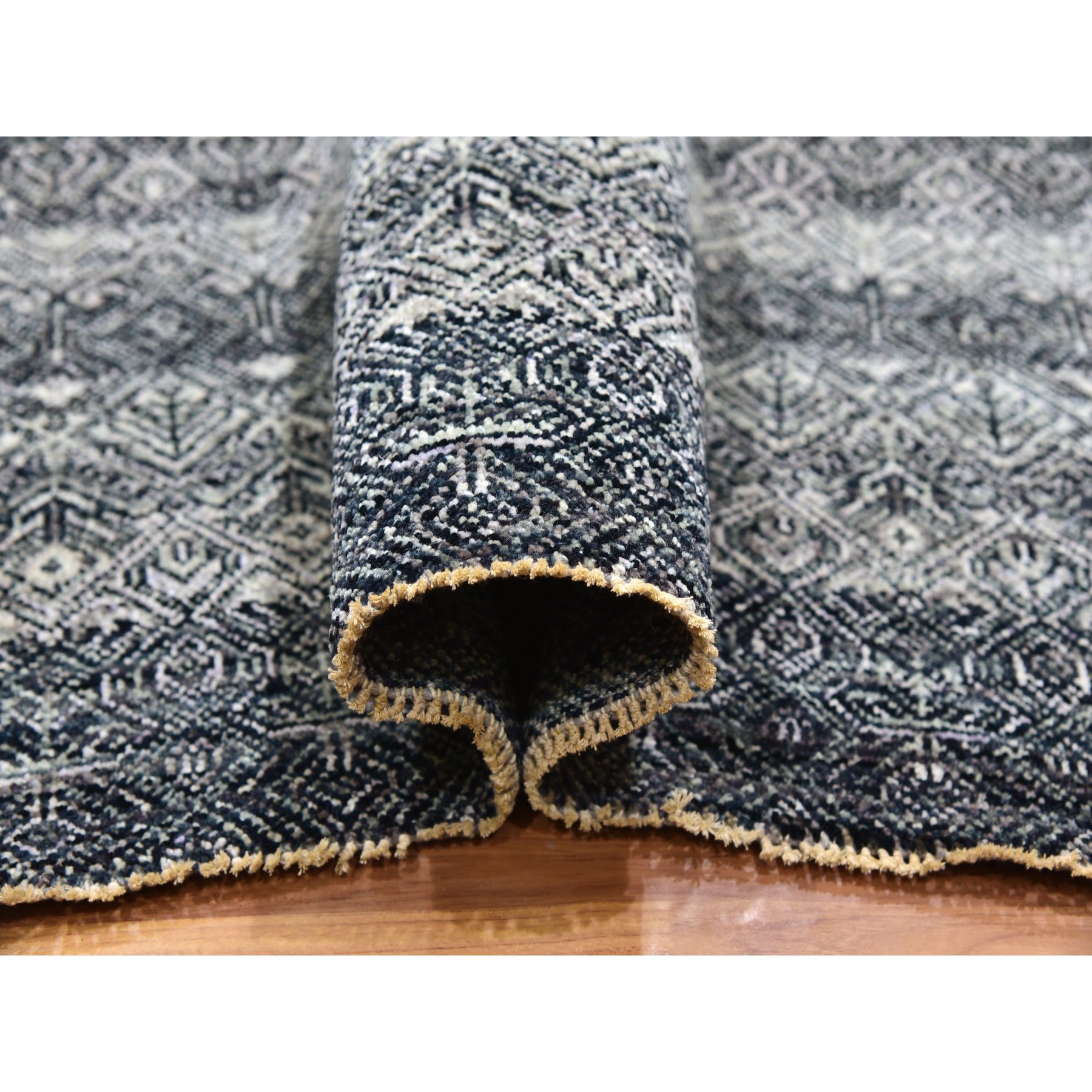 8'x10'1" Web Gray, Hand Knotted Tone On Tone Kohinoor Herat Pattern With Small Geometric Repetitive Design, Plush Shiny Wool, Oriental Rug HR79787 - Image 6