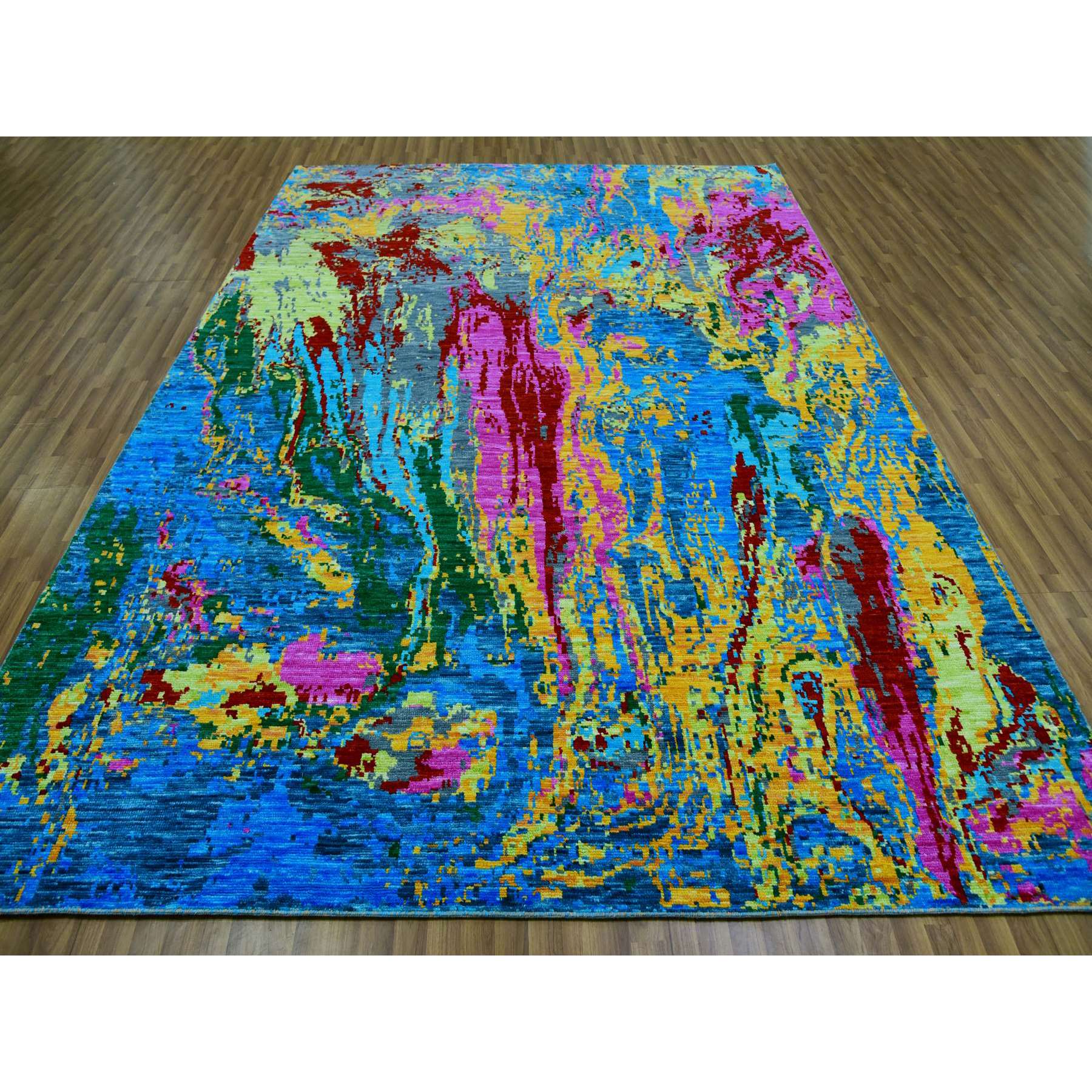 9'x11'9" Hot Pink with Sapphire Blue, Modern Design, Hand Knotted, Soft to the Touch, Pure Wool, Oriental Rug HR79937 - Image 3