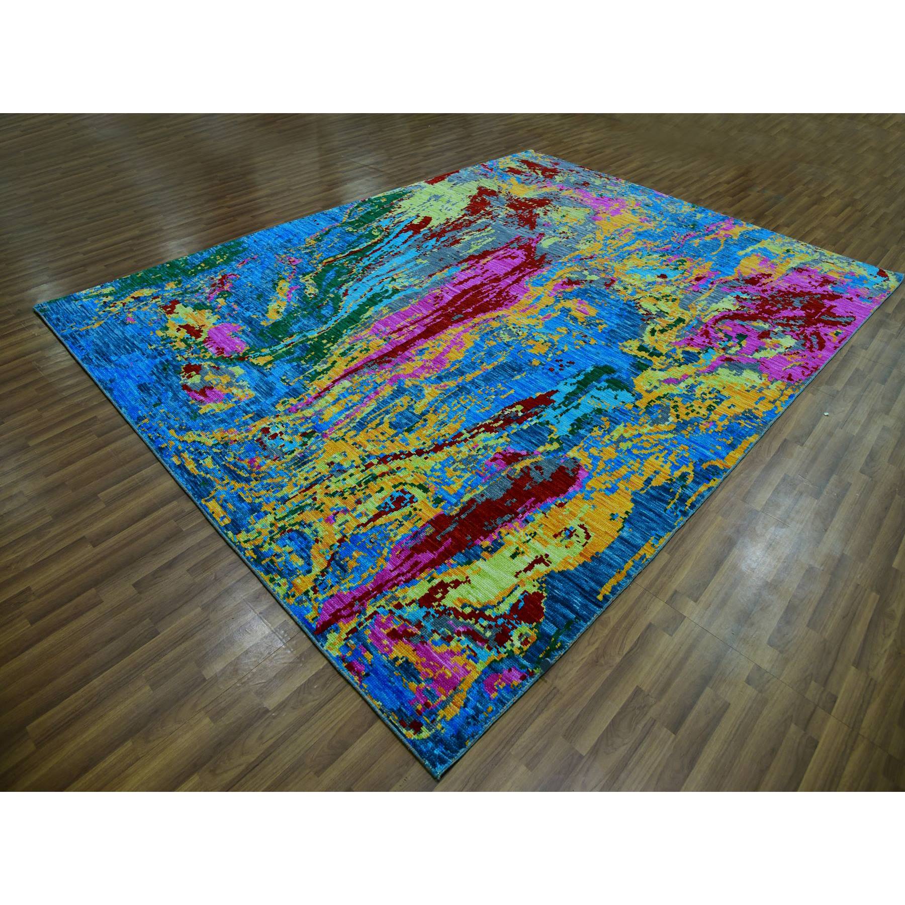 9'x11'9" Hot Pink with Sapphire Blue, Modern Design, Hand Knotted, Soft to the Touch, Pure Wool, Oriental Rug HR79937 - Image 4
