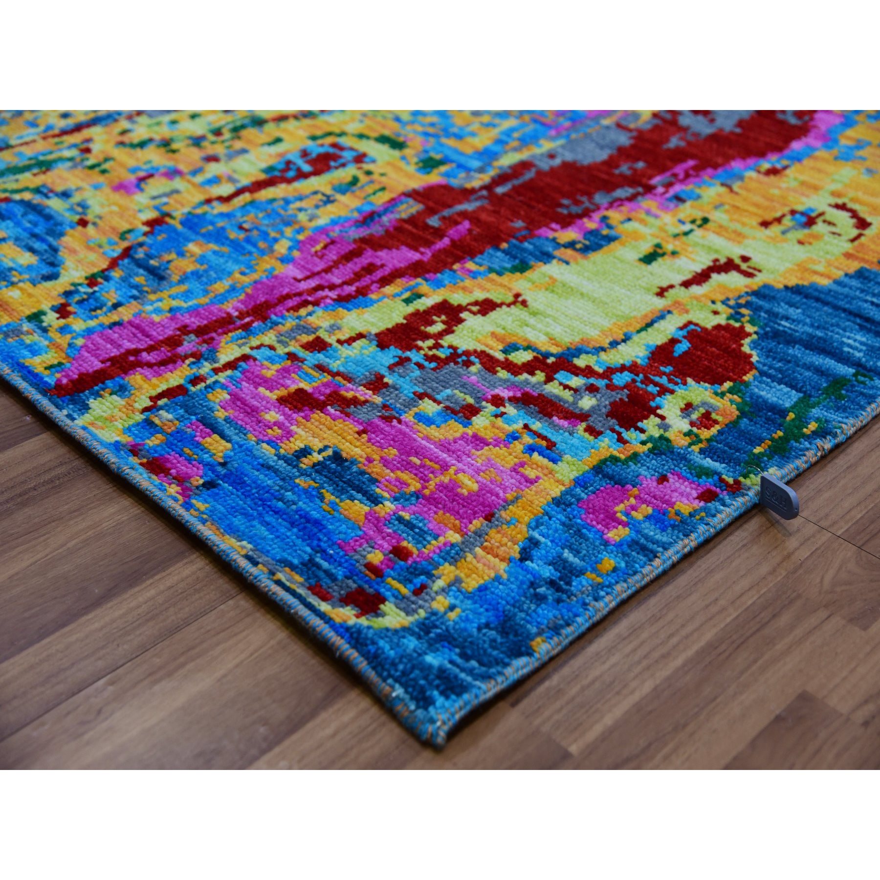 9'x11'9" Hot Pink with Sapphire Blue, Modern Design, Hand Knotted, Soft to the Touch, Pure Wool, Oriental Rug HR79937 - Image 7