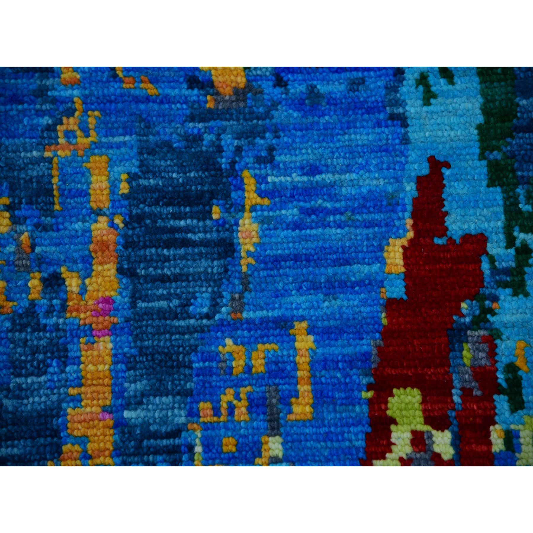 9'x11'9" Hot Pink with Sapphire Blue, Modern Design, Hand Knotted, Soft to the Touch, Pure Wool, Oriental Rug HR79937 - Image 9