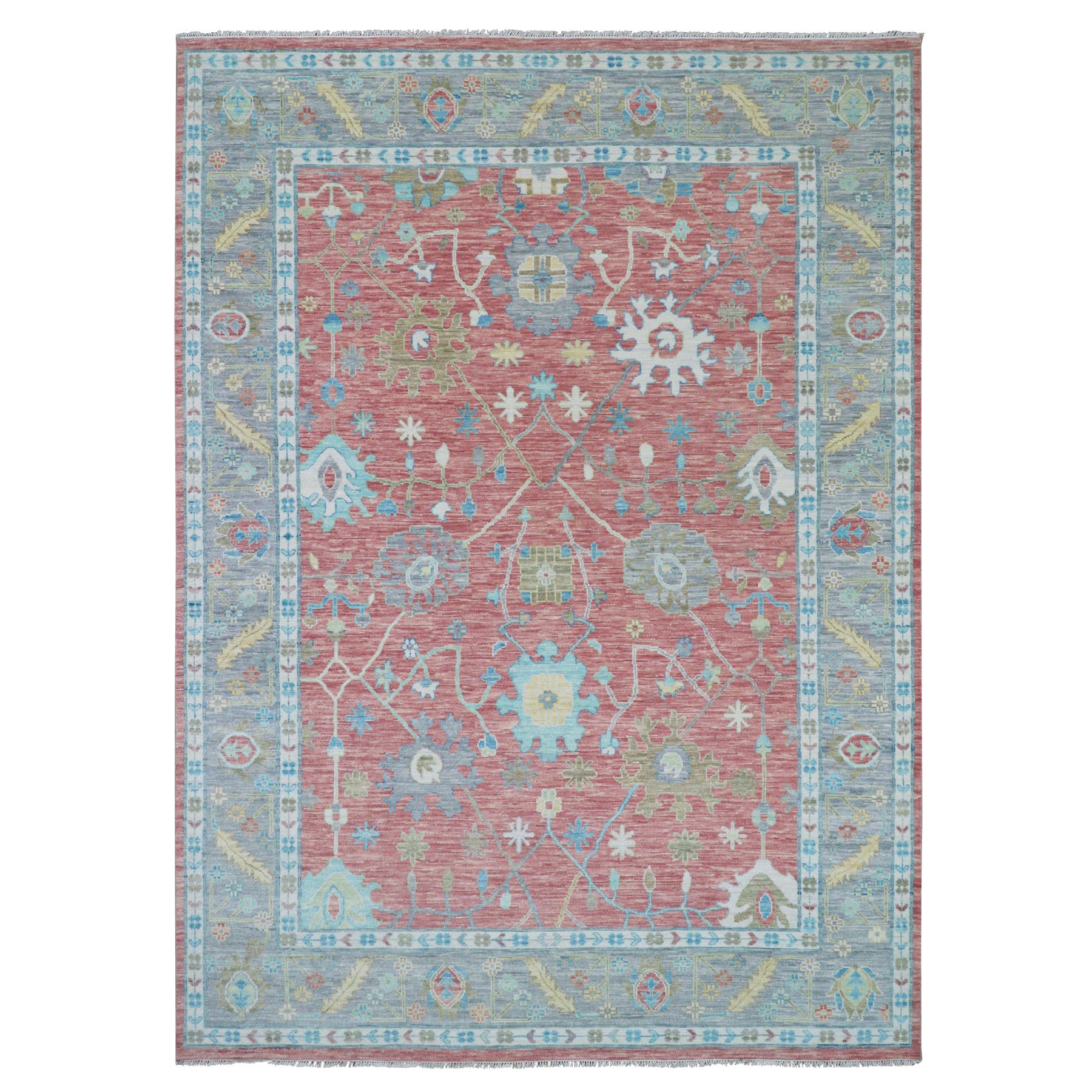 10'1"x14' Coral Pink, Hand Knotted, Oushak Weave and Design, All Over Leaf Pattern, Thick and Plush, Natural Wool, Oriental Rug HR79939