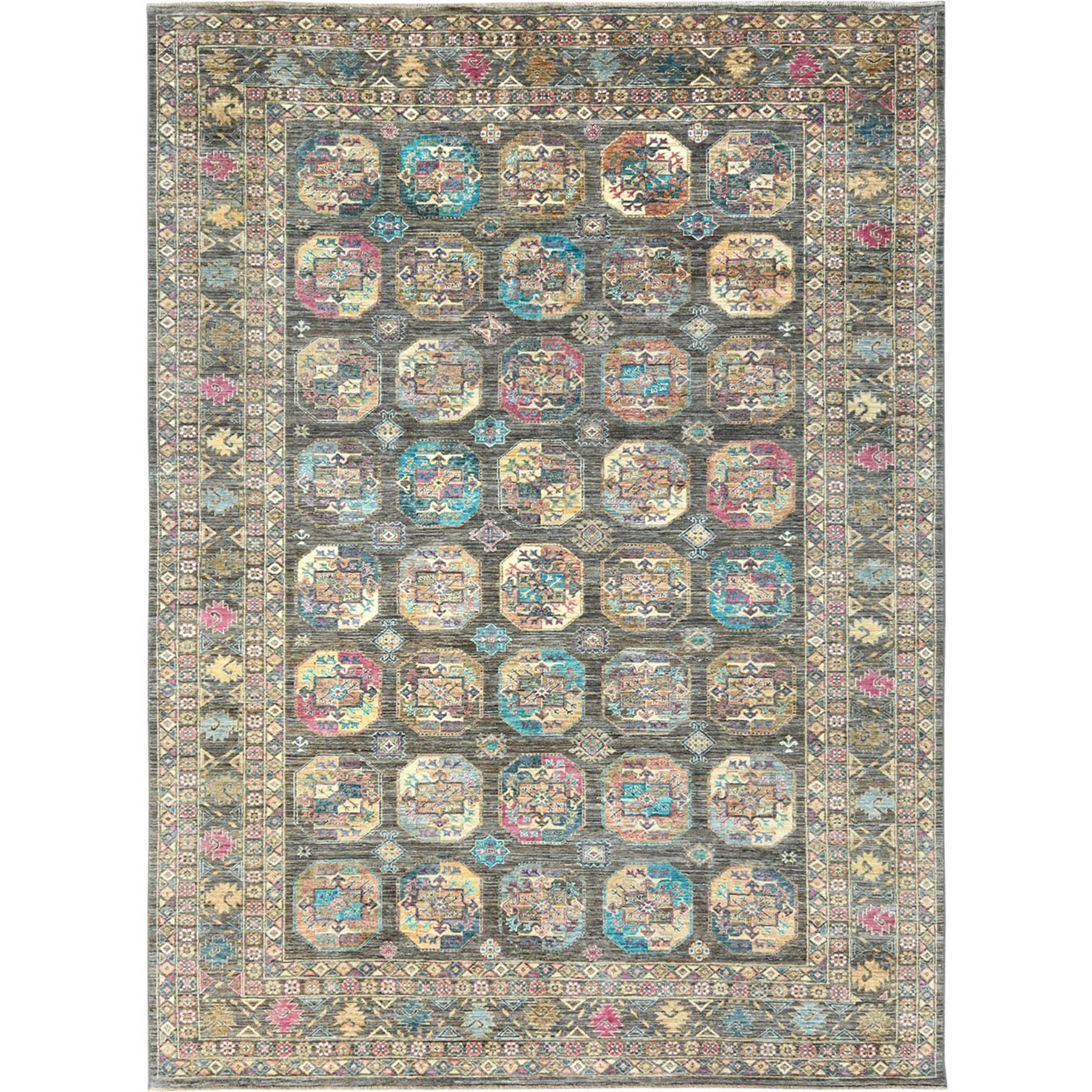 8'9"x11'7" Sage Green, Hand Knotted Afghan Super Kazak with Geometric Medallions, Vegetable Dyes Dense Weave, Pure Wool, Oriental Rug HR82271