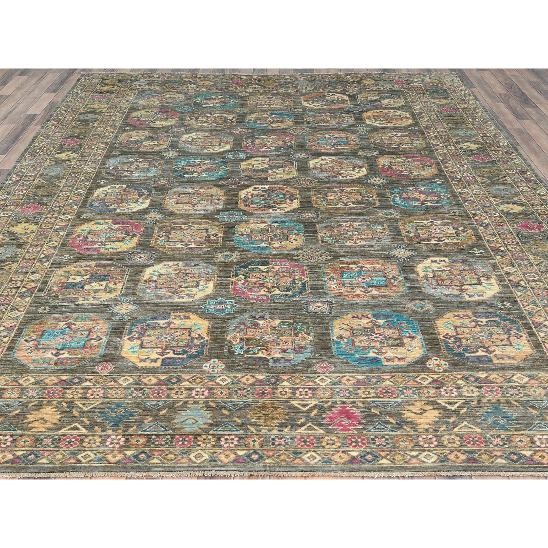 8'9"x11'7" Sage Green, Hand Knotted Afghan Super Kazak with Geometric Medallions, Vegetable Dyes Dense Weave, Pure Wool, Oriental Rug HR82271 - Image 3