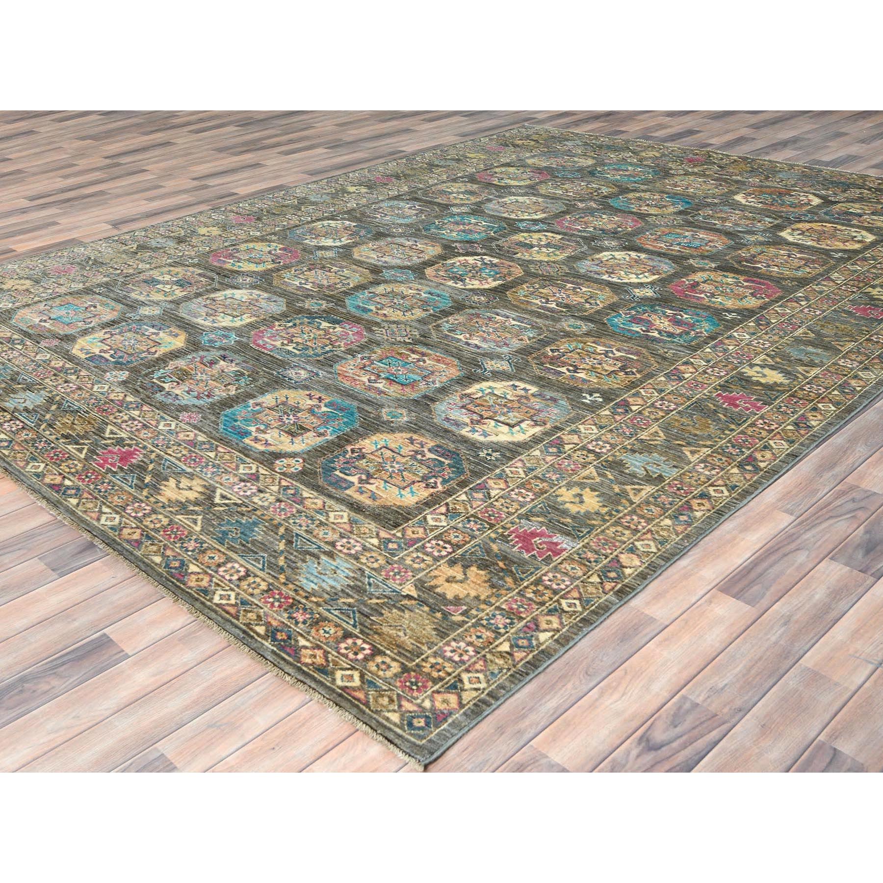 8'9"x11'7" Sage Green, Hand Knotted Afghan Super Kazak with Geometric Medallions, Vegetable Dyes Dense Weave, Pure Wool, Oriental Rug HR82271 - Image 4