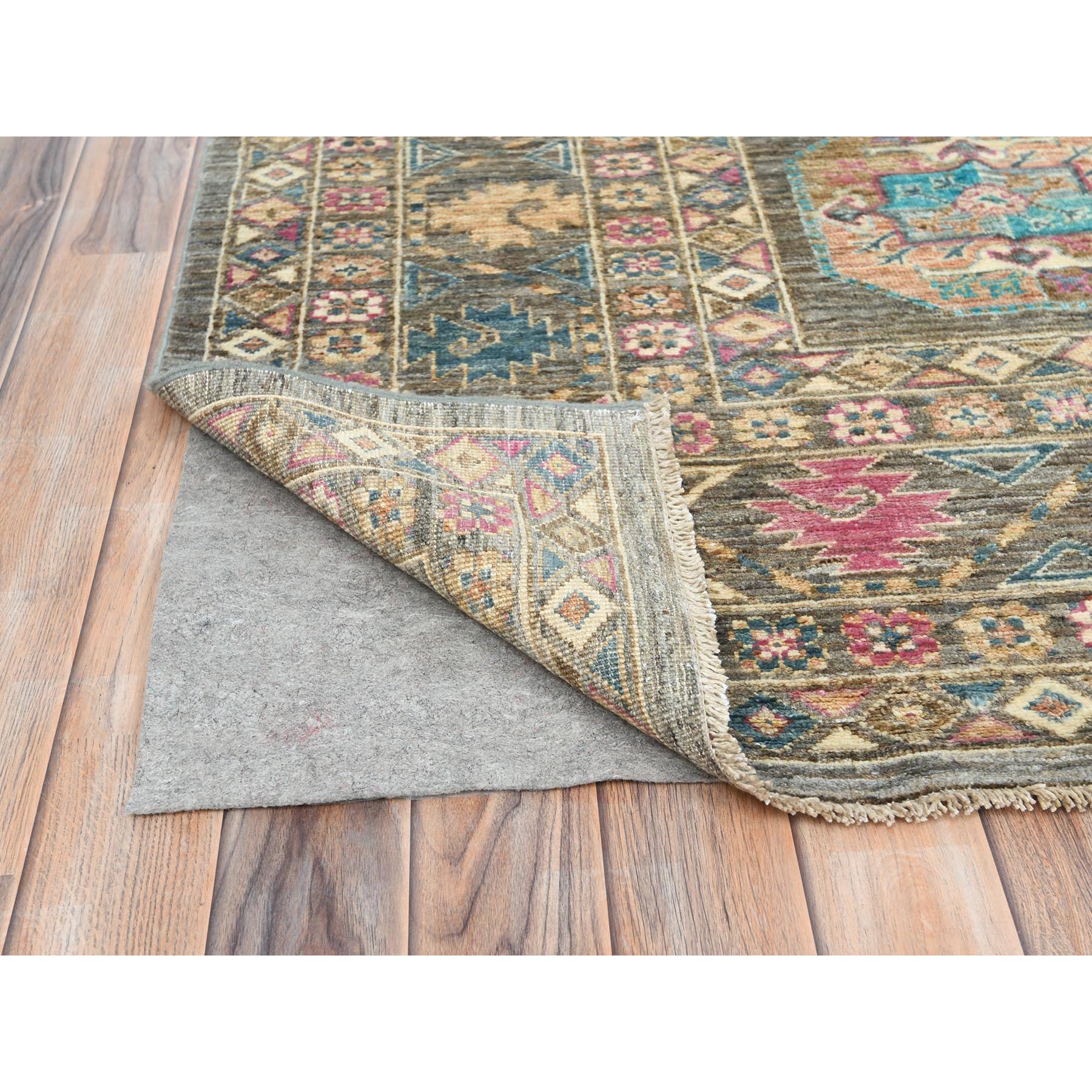 8'9"x11'7" Sage Green, Hand Knotted Afghan Super Kazak with Geometric Medallions, Vegetable Dyes Dense Weave, Pure Wool, Oriental Rug HR82271 - Image 5