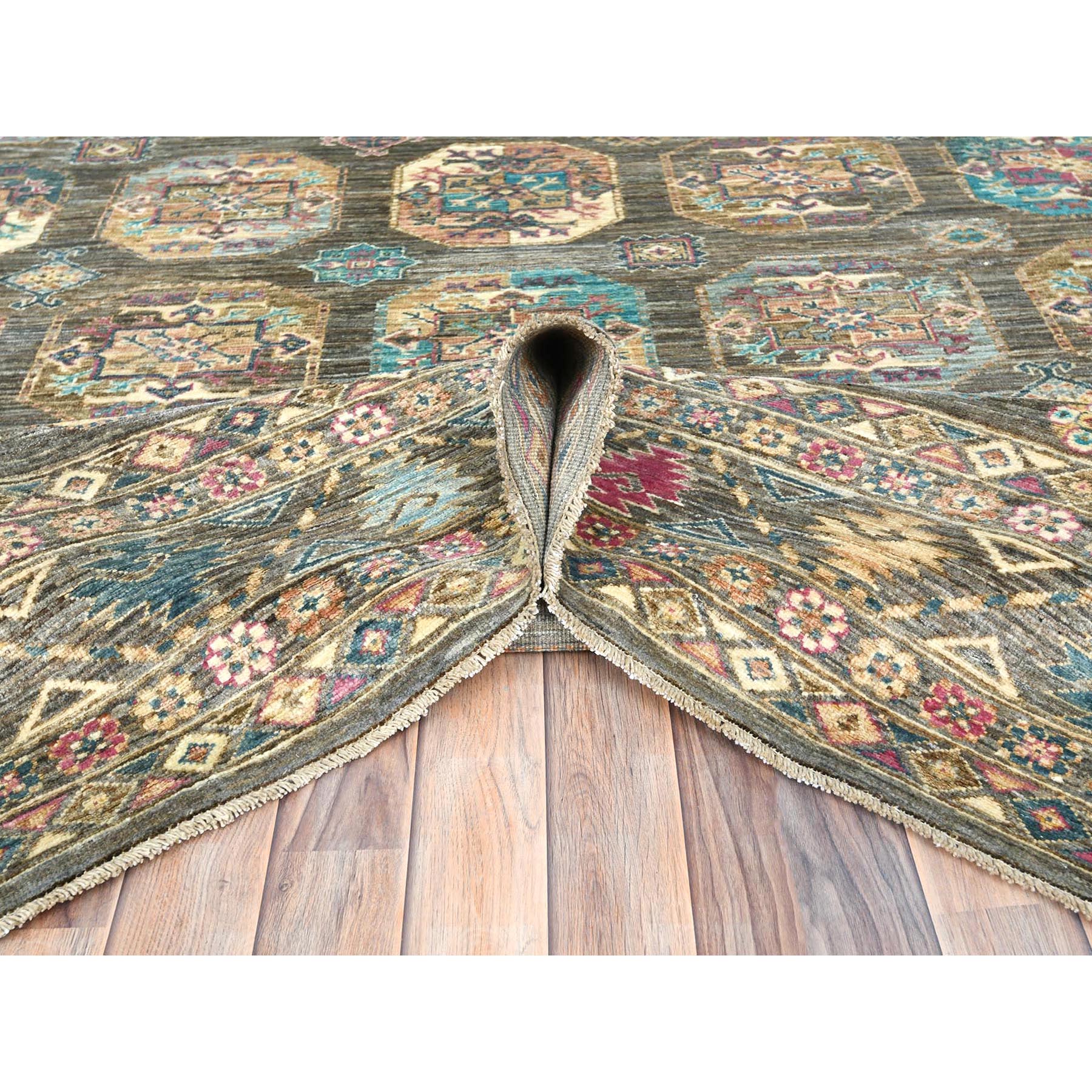 8'9"x11'7" Sage Green, Hand Knotted Afghan Super Kazak with Geometric Medallions, Vegetable Dyes Dense Weave, Pure Wool, Oriental Rug HR82271 - Image 6
