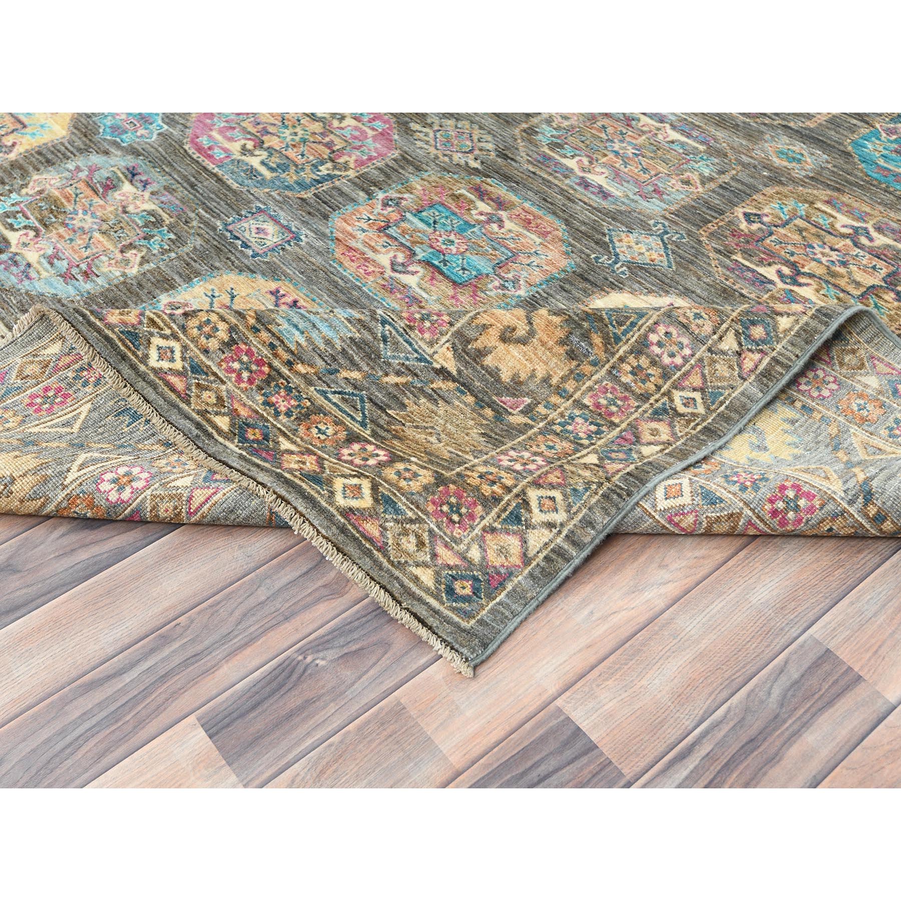 8'9"x11'7" Sage Green, Hand Knotted Afghan Super Kazak with Geometric Medallions, Vegetable Dyes Dense Weave, Pure Wool, Oriental Rug HR82271 - Image 7