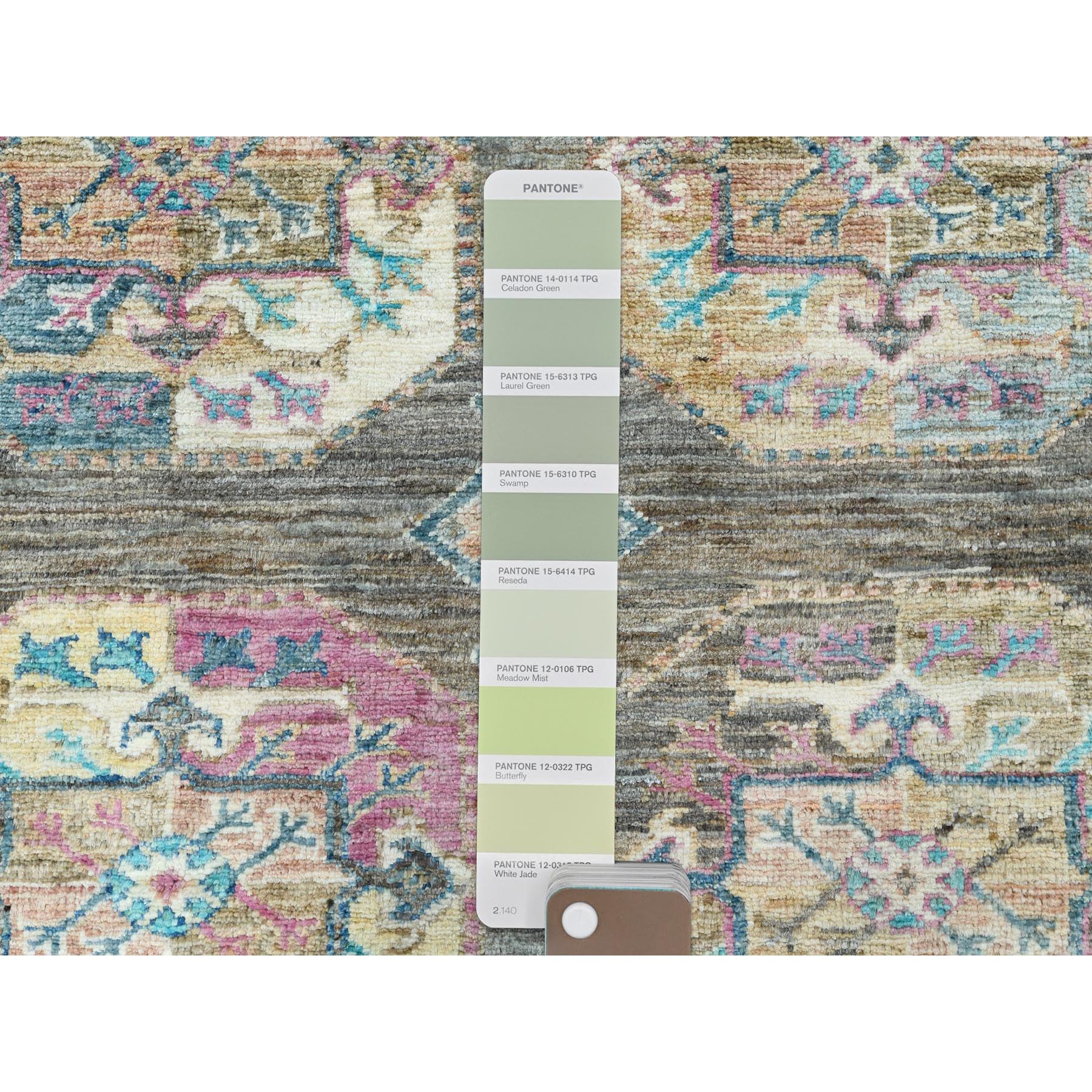 8'9"x11'7" Sage Green, Hand Knotted Afghan Super Kazak with Geometric Medallions, Vegetable Dyes Dense Weave, Pure Wool, Oriental Rug HR82271 - Image 8