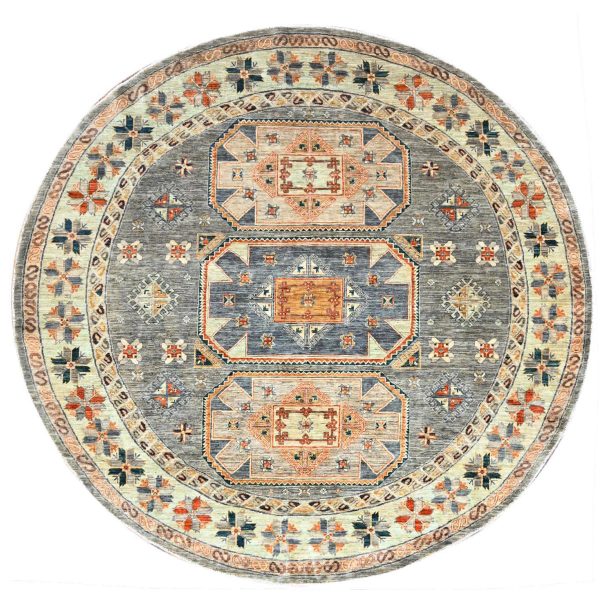 8'x8' Seared Gray, Extra Soft Wool 200 KPSI, Armenian Inspired Caucasian Design, Vegetable Dyes, Hand Knotted, Round Oriental Rug HR86413