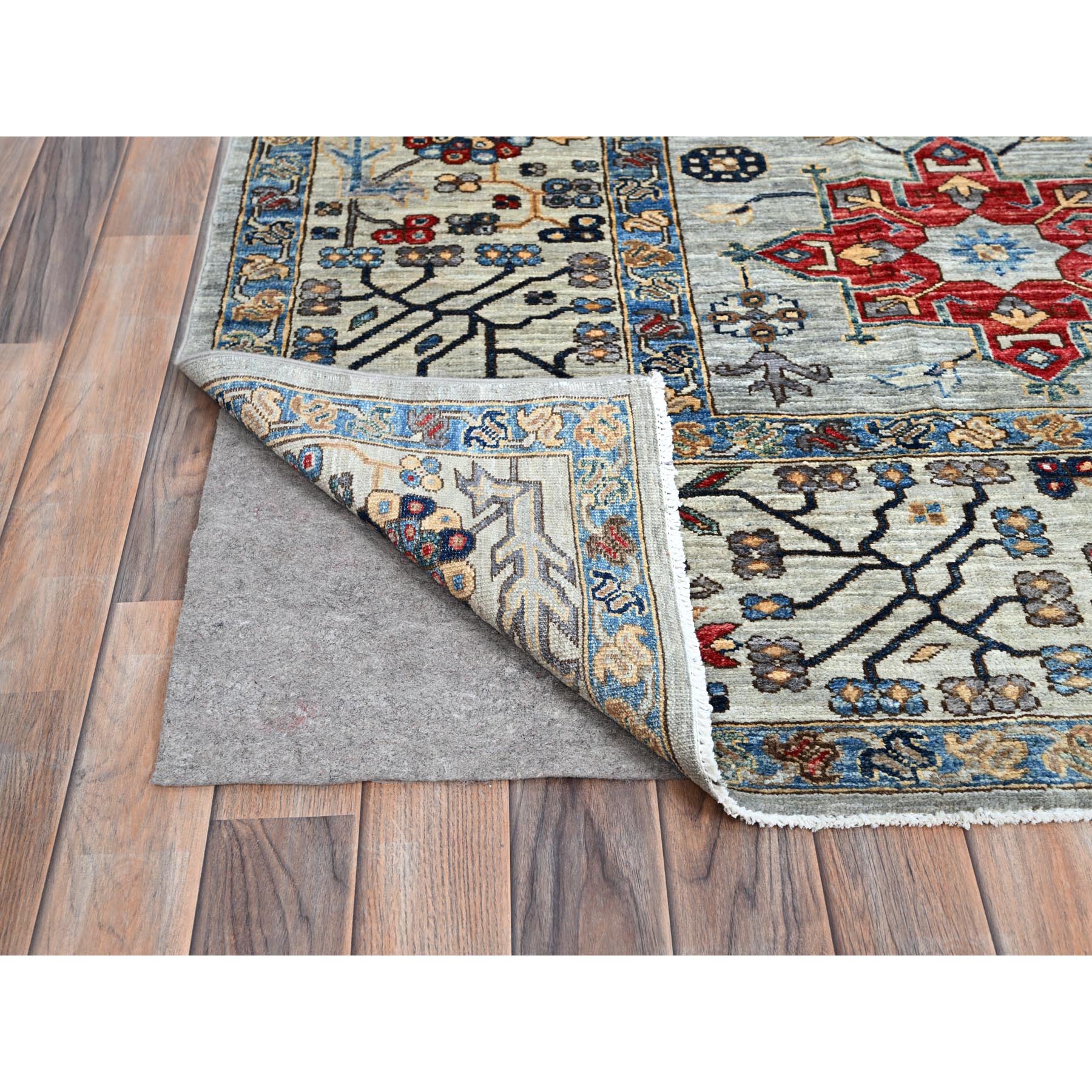 8'9"x11'9" Pigeon Gray With Swiss Coffee White, 100% Wool, Afghan Super Kazak with Large Geometric Medallions Pattern, Densely Woven Natural Dyes, Hand Knotted, Oriental Rug HR86538 - Image 5