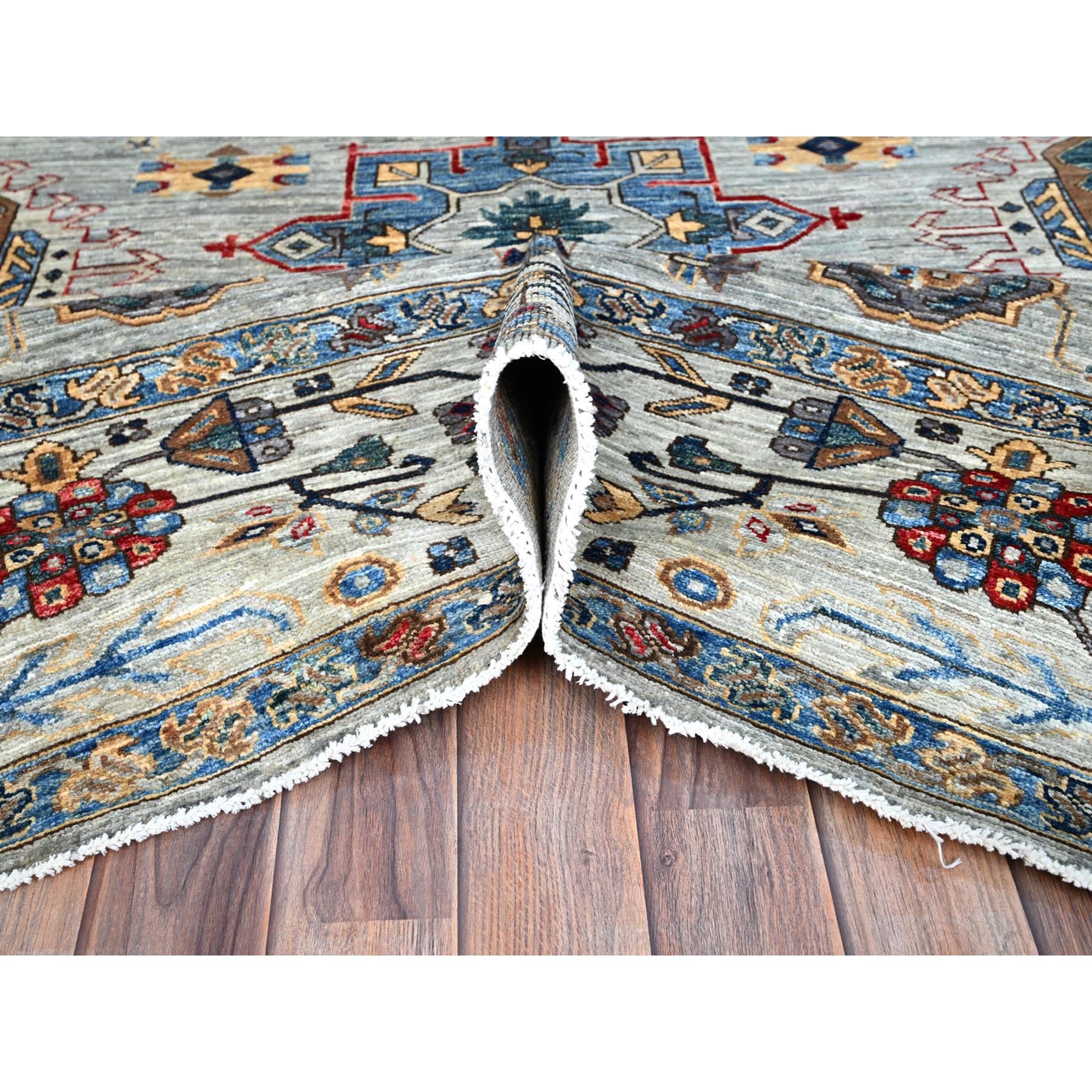 8'9"x11'9" Pigeon Gray With Swiss Coffee White, 100% Wool, Afghan Super Kazak with Large Geometric Medallions Pattern, Densely Woven Natural Dyes, Hand Knotted, Oriental Rug HR86538 - Image 6