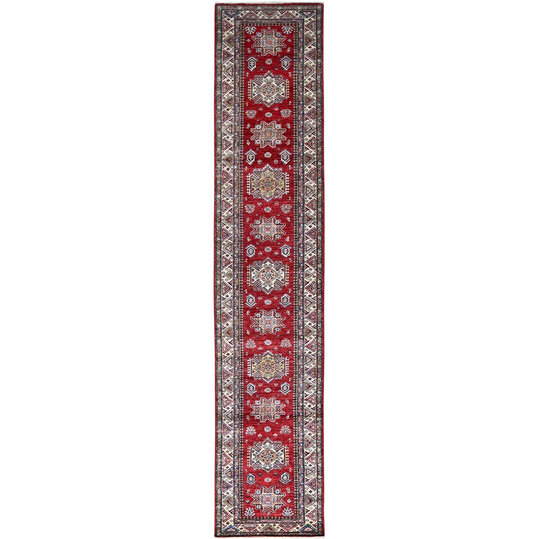 2'7"x13'2" Carmine Red, Afghan Super Kazak with Geometric Medallions Design, Natural Dyes, Densely Woven, Soft and Shiny Wool, Hand Knotted, Runner Oriental Rug HR86910