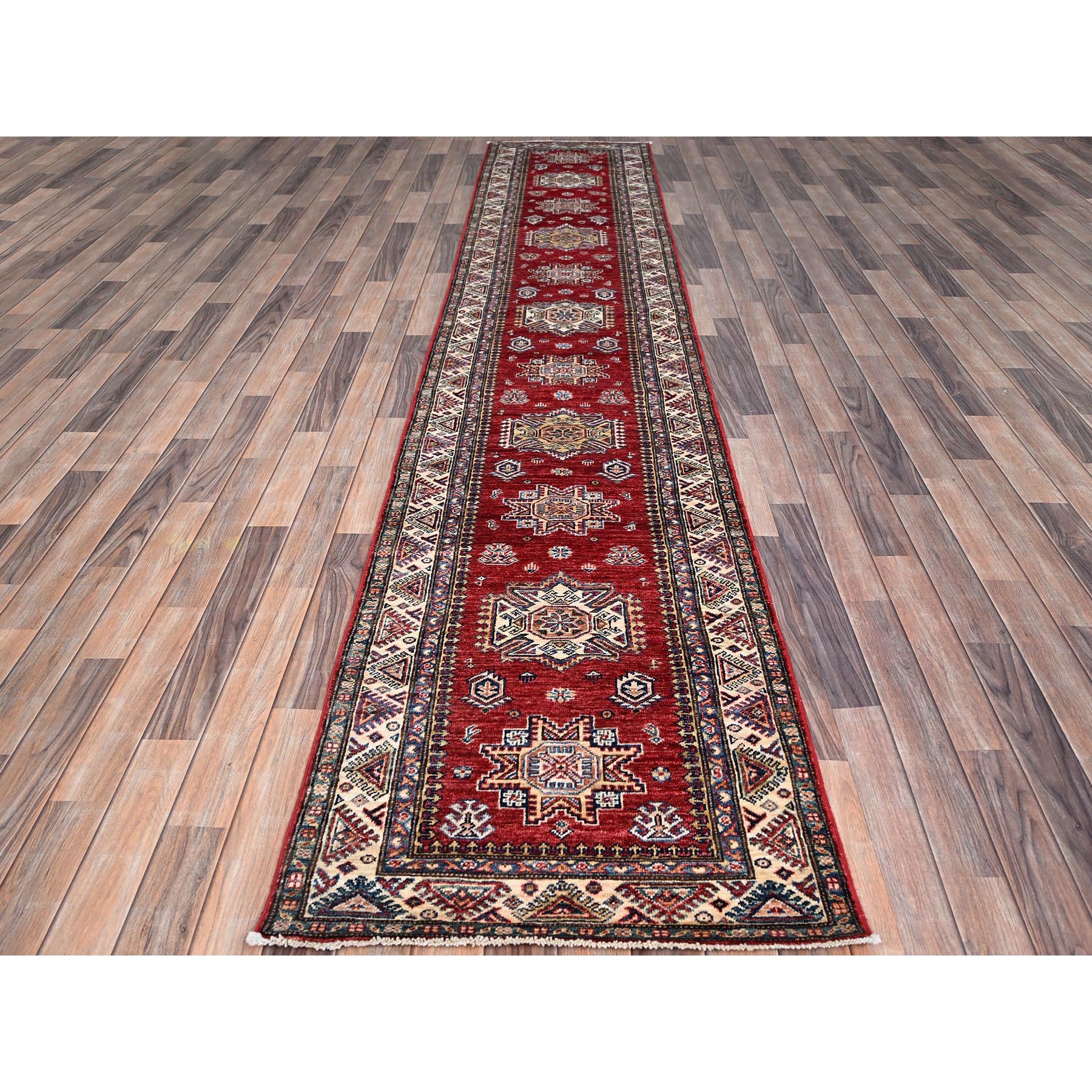 2'7"x13'2" Carmine Red, Afghan Super Kazak with Geometric Medallions Design, Natural Dyes, Densely Woven, Soft and Shiny Wool, Hand Knotted, Runner Oriental Rug HR86910 - Image 2
