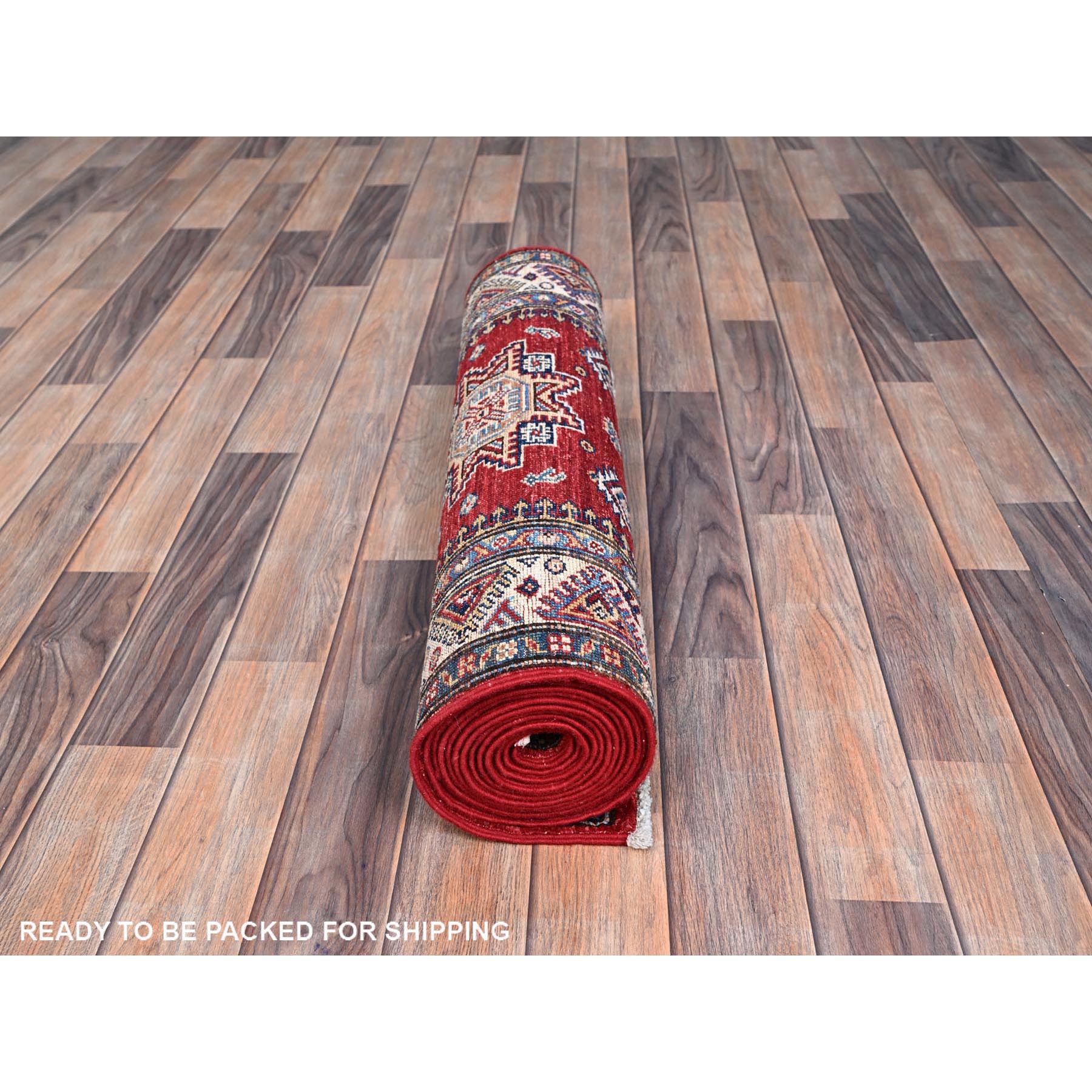 2'7"x13'2" Carmine Red, Afghan Super Kazak with Geometric Medallions Design, Natural Dyes, Densely Woven, Soft and Shiny Wool, Hand Knotted, Runner Oriental Rug HR86910 - Image 5