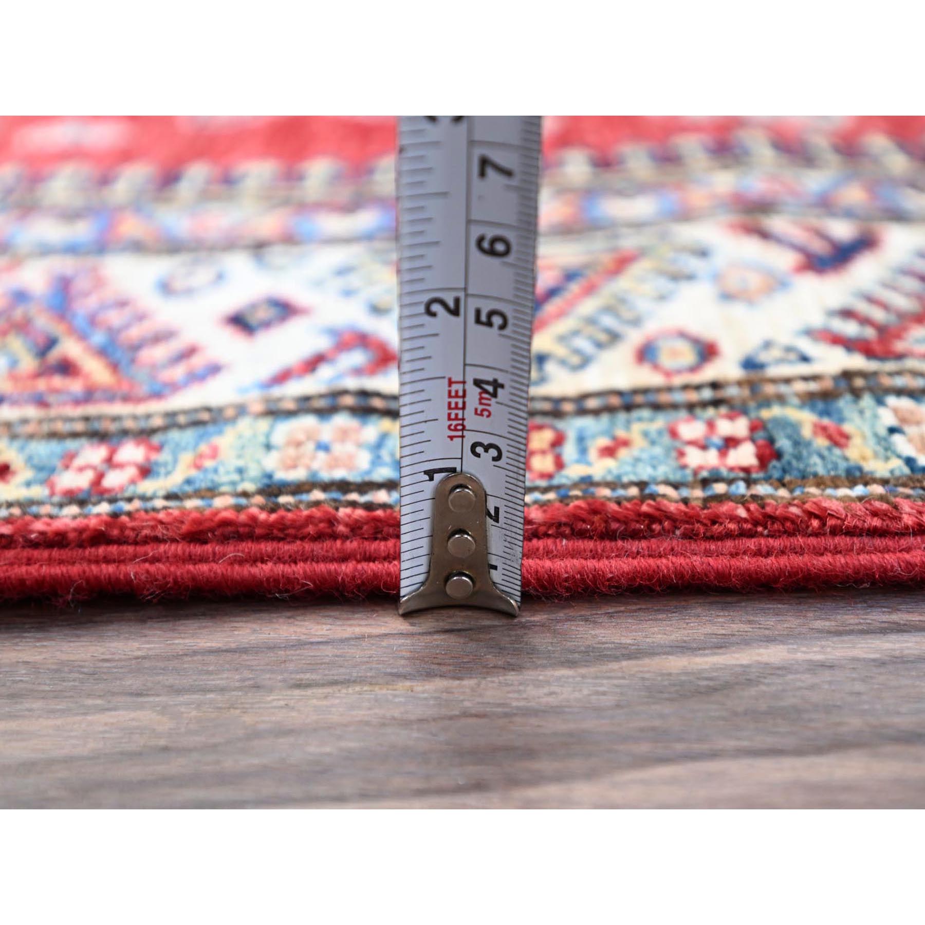 2'7"x13'2" Carmine Red, Afghan Super Kazak with Geometric Medallions Design, Natural Dyes, Densely Woven, Soft and Shiny Wool, Hand Knotted, Runner Oriental Rug HR86910 - Image 6
