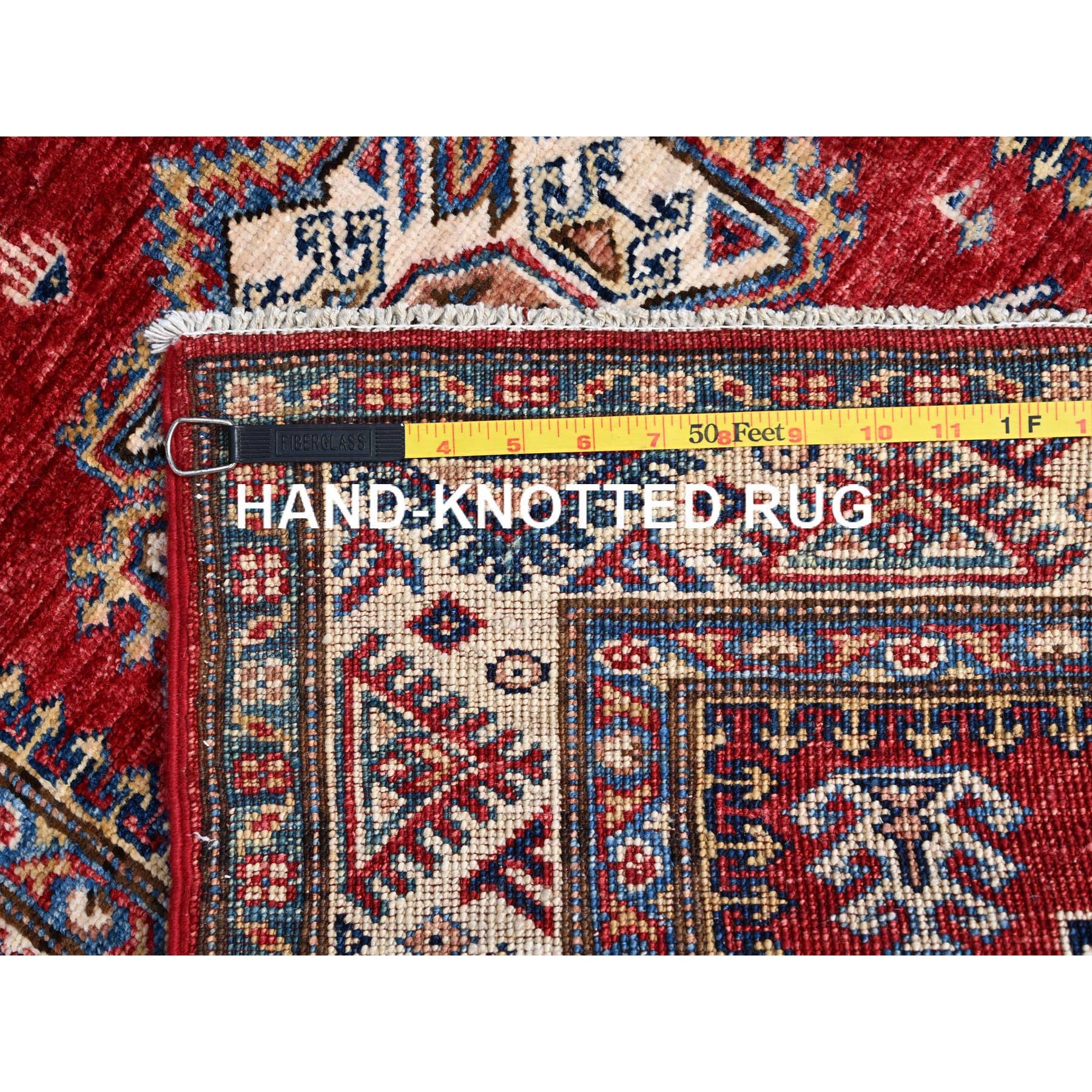 2'7"x13'2" Carmine Red, Afghan Super Kazak with Geometric Medallions Design, Natural Dyes, Densely Woven, Soft and Shiny Wool, Hand Knotted, Runner Oriental Rug HR86910 - Image 7