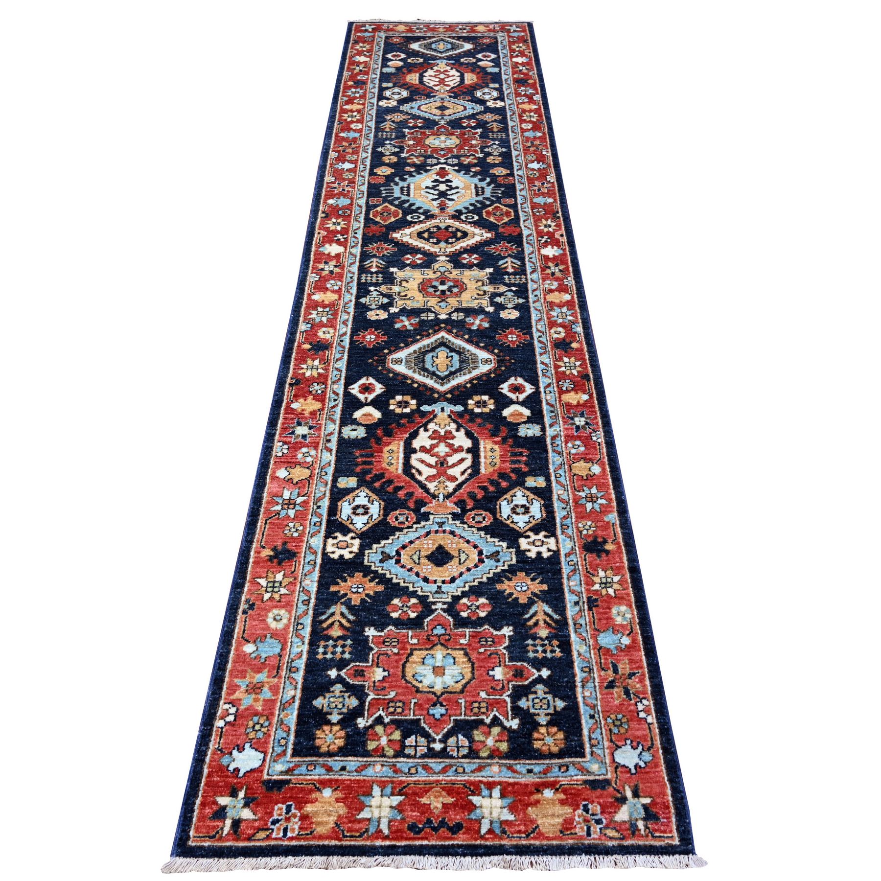 2'7"x11'8" Braves Navy Blue with Barn Red Border, Fine Aryana, Karajeh Design, Luxorious Wool, Hand Knotted, Runner Oriental Rug HR88403