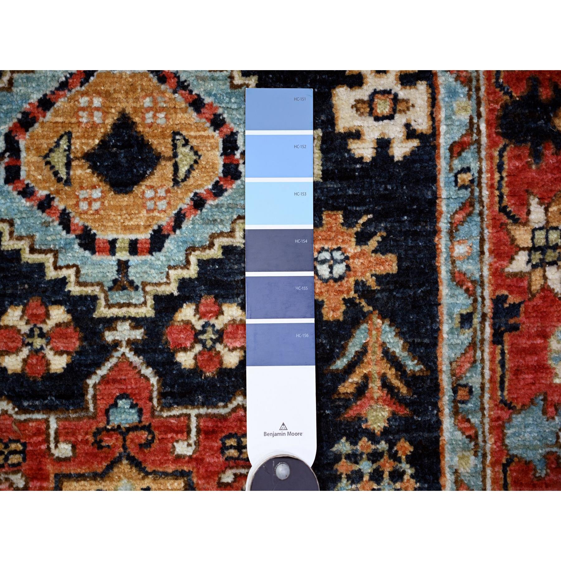 2'7"x11'8" Braves Navy Blue with Barn Red Border, Fine Aryana, Karajeh Design, Luxorious Wool, Hand Knotted, Runner Oriental Rug HR88403 - Image 3