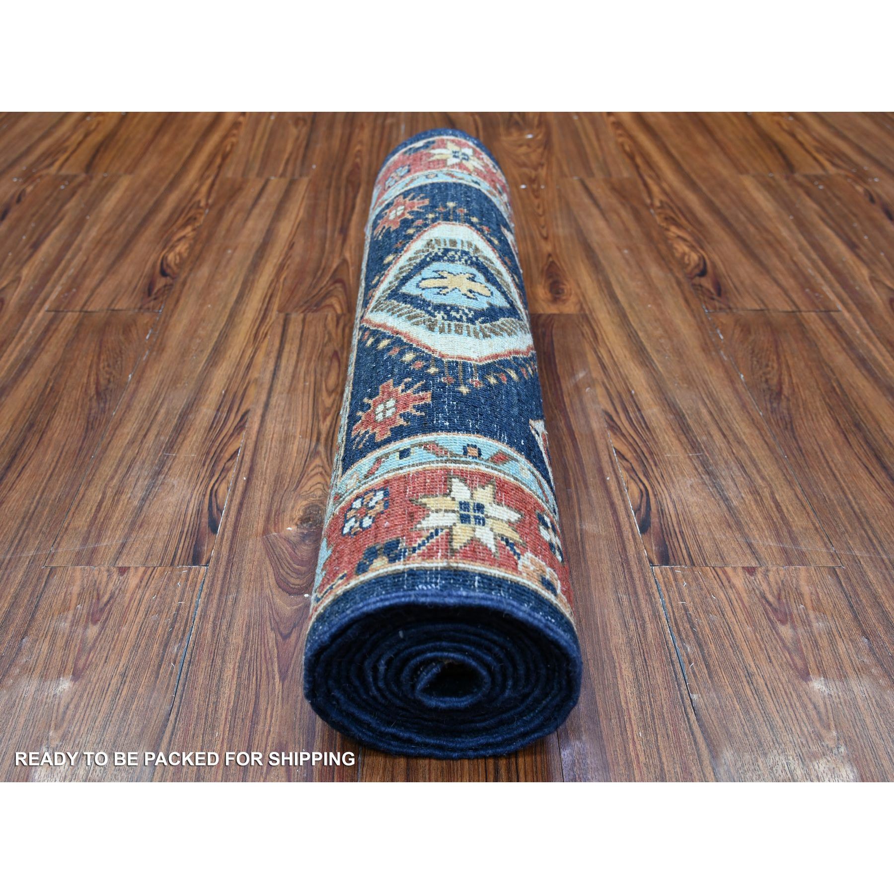 2'7"x11'8" Braves Navy Blue with Barn Red Border, Fine Aryana, Karajeh Design, Luxorious Wool, Hand Knotted, Runner Oriental Rug HR88403 - Image 4