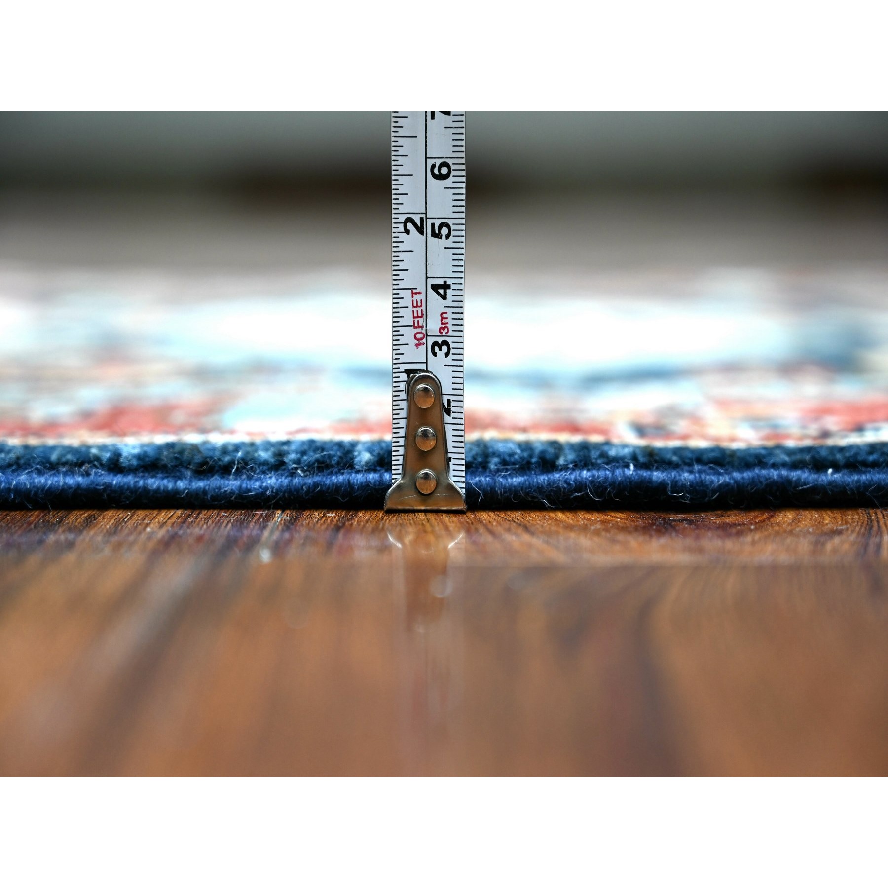 2'7"x11'8" Braves Navy Blue with Barn Red Border, Fine Aryana, Karajeh Design, Luxorious Wool, Hand Knotted, Runner Oriental Rug HR88403 - Image 5