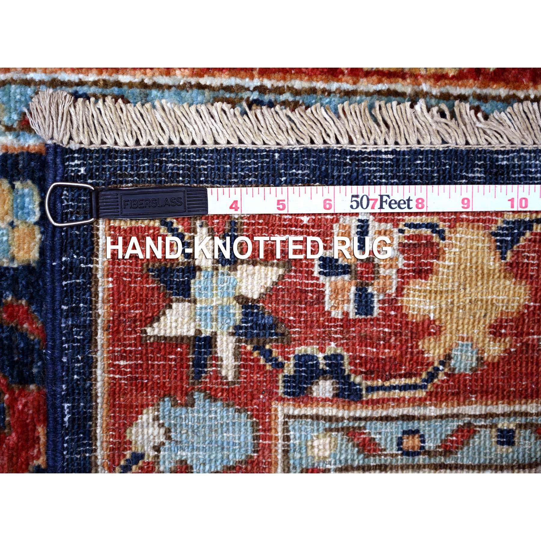 2'7"x11'8" Braves Navy Blue with Barn Red Border, Fine Aryana, Karajeh Design, Luxorious Wool, Hand Knotted, Runner Oriental Rug HR88403 - Image 6
