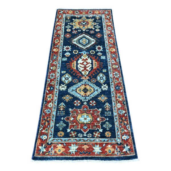 2'6"x6'1" Bdazzled Blue with Fire Brick Red Border, Fine Aryana, Karajeh Design, Luxorious Wool, Hand Knotted,  Runner Oriental Rug HR88625