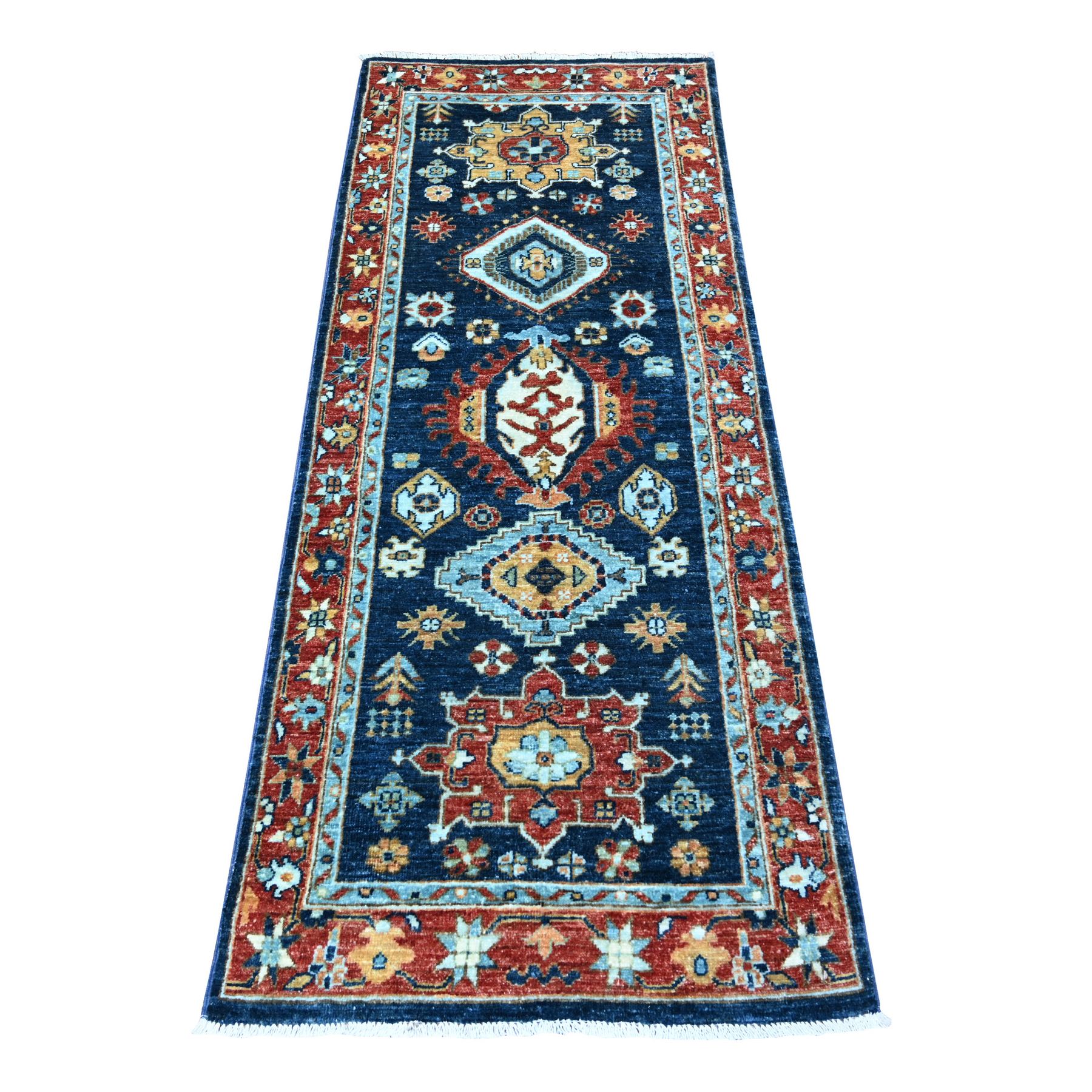 2'6"x6'1" Bdazzled Blue with Fire Brick Red Border, Fine Aryana, Karajeh Design, Luxorious Wool, Hand Knotted, Runner Oriental Rug HR88625