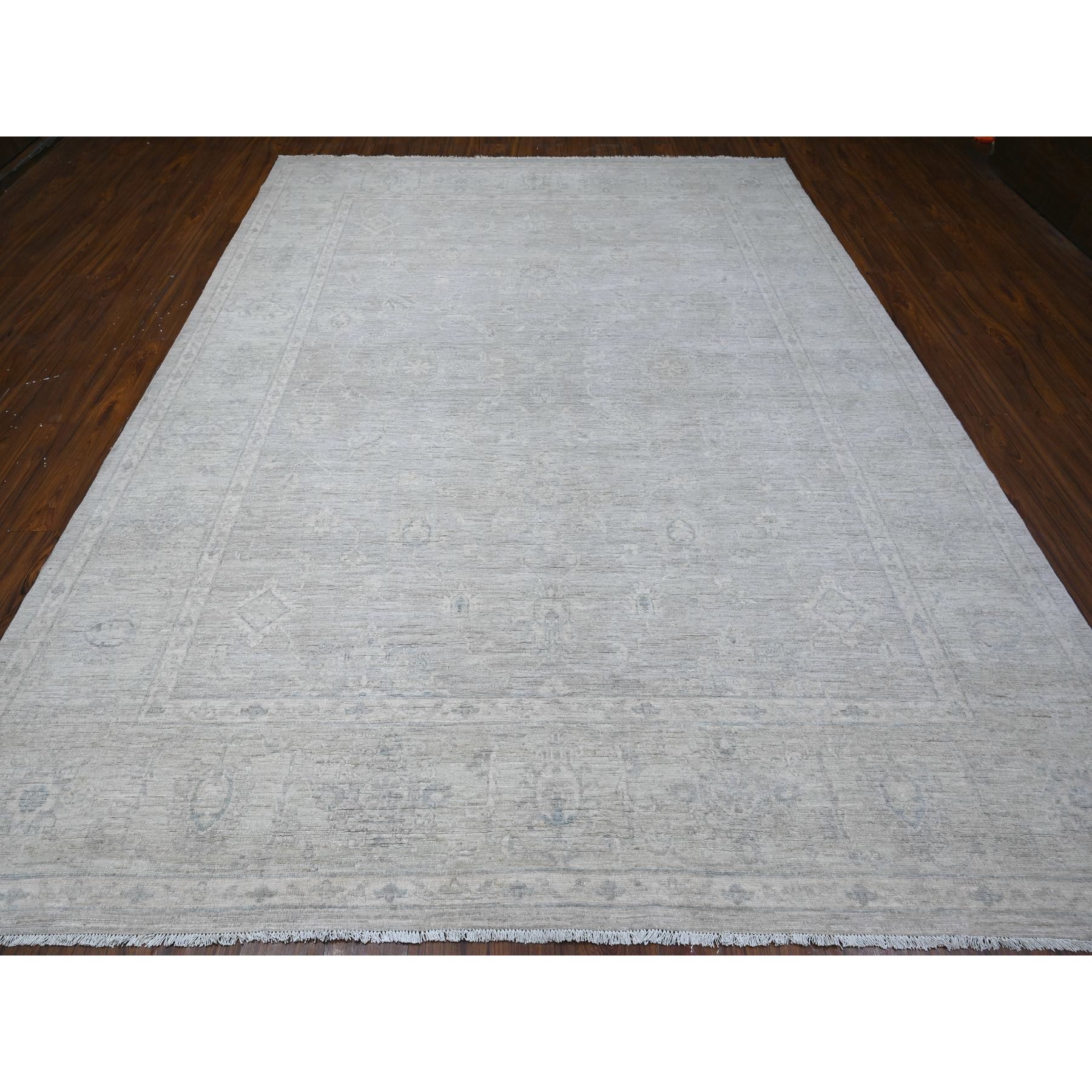 8'10"x11'6" Stardew Gray, Washed Out Peshawar With All Over Design, Hand Knotted Natural Dyes, Shiny Wool, Oriental Rug HR88749 - Image 3