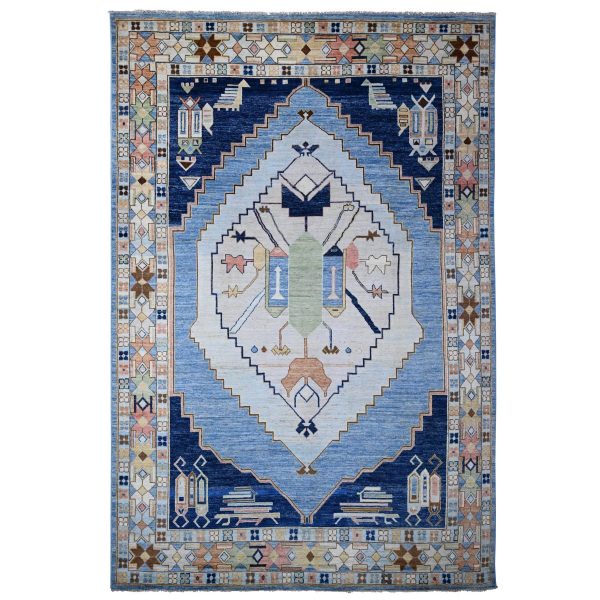9'5"x14'7" Maya Blue, Tribal Village Anatolian Design, Hand Knotted, Vegetable Dyes, Central Medallion Design, Pure Vibrant Wool, Oriental Rug HR88843