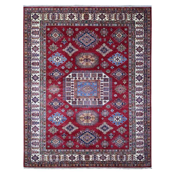 7'9"x9'9" Cereza Red With Shoji White, Afghan Super Kazak All Over Design With Central Medallion, Vegetable Dyes,  Pure and Velvety Wool, Hand Knotted, Oriental Rug HR89110