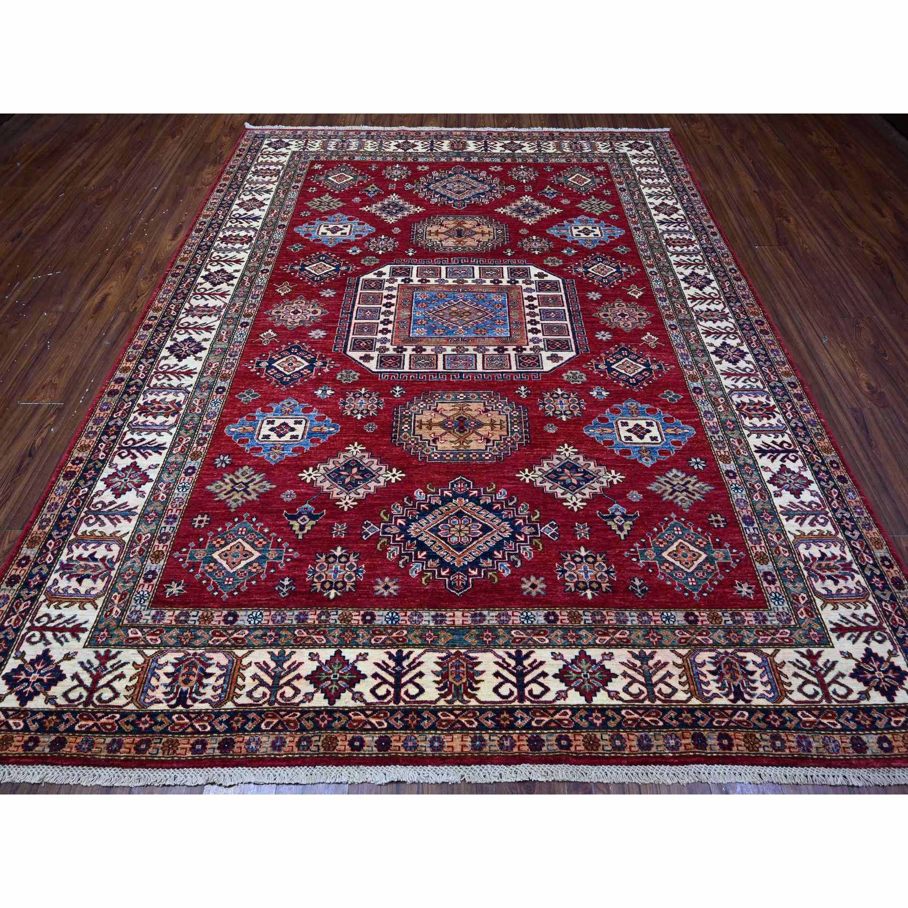 7'9"x9'9" Cereza Red With Shoji White, Afghan Super Kazak All Over Design With Central Medallion, Vegetable Dyes, Pure and Velvety Wool, Hand Knotted, Oriental Rug HR89110 - Image 3