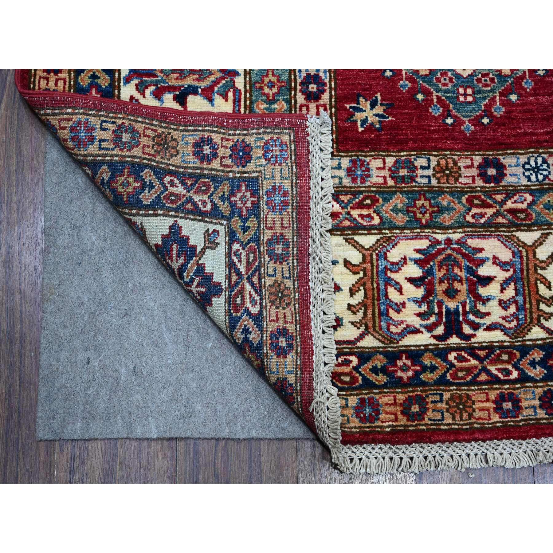 7'9"x9'9" Cereza Red With Shoji White, Afghan Super Kazak All Over Design With Central Medallion, Vegetable Dyes, Pure and Velvety Wool, Hand Knotted, Oriental Rug HR89110 - Image 5