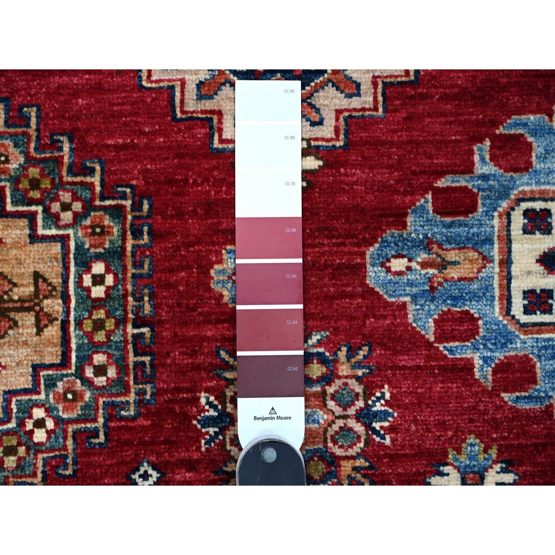7'9"x9'9" Cereza Red With Shoji White, Afghan Super Kazak All Over Design With Central Medallion, Vegetable Dyes, Pure and Velvety Wool, Hand Knotted, Oriental Rug HR89110 - Image 8