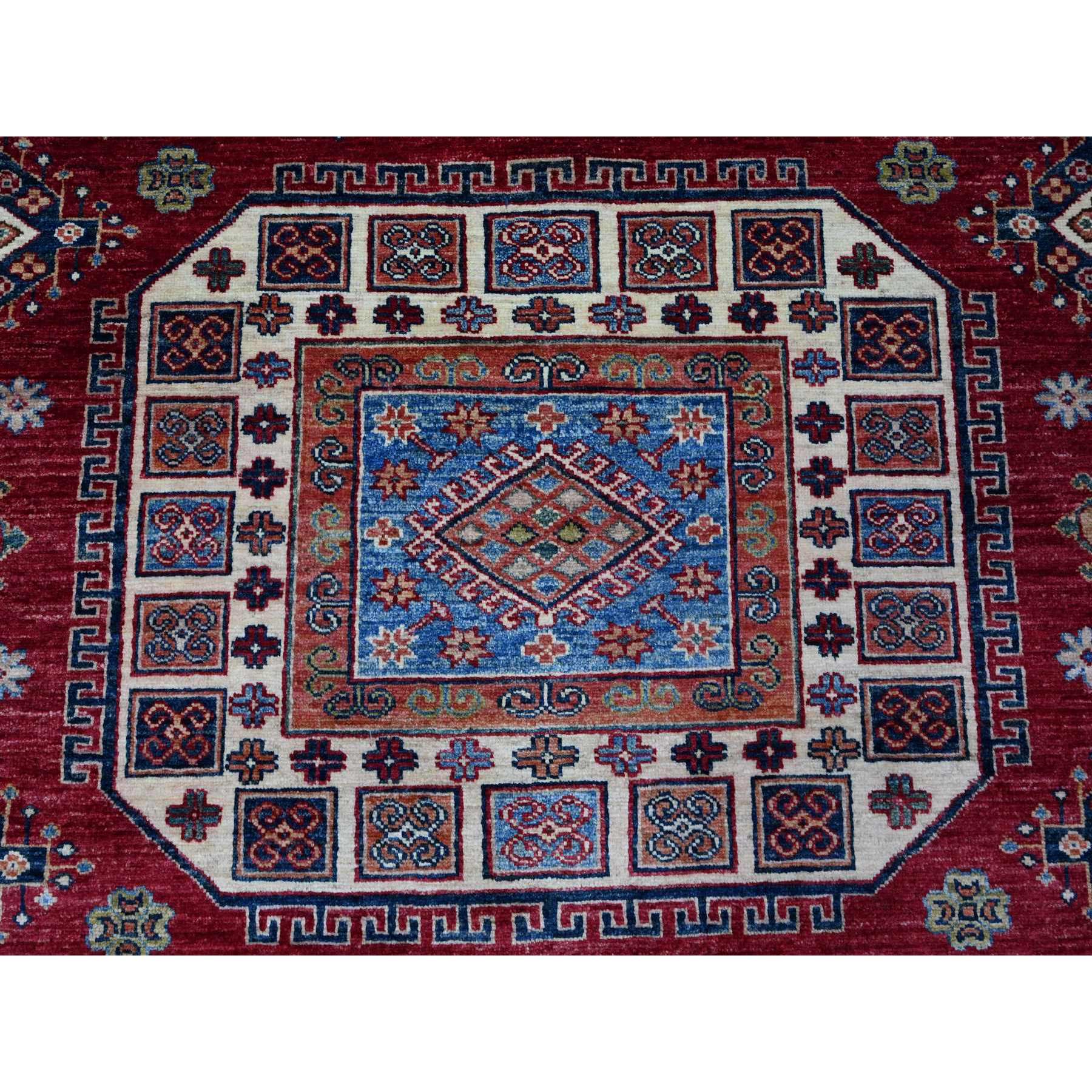 7'9"x9'9" Cereza Red With Shoji White, Afghan Super Kazak All Over Design With Central Medallion, Vegetable Dyes, Pure and Velvety Wool, Hand Knotted, Oriental Rug HR89110 - Image 9