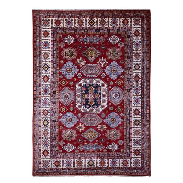 8'10"x12'5" Scarlet Red, Afghan Super Kazak with Geometric Elements, Vegetable Dyes, Pure and Shiny Wool, Hand Knotted, Oriental Rug HR89132