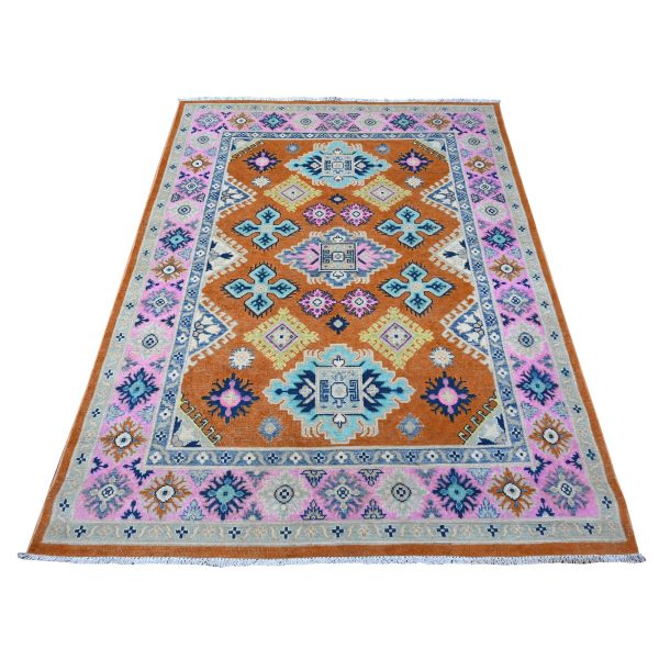 4'9"x6'5" Alloy Orange, Hand Knotted, Pure And Shiny Wool, Caucasian Design, Fusion Kazak, Oriental Rug HR89230