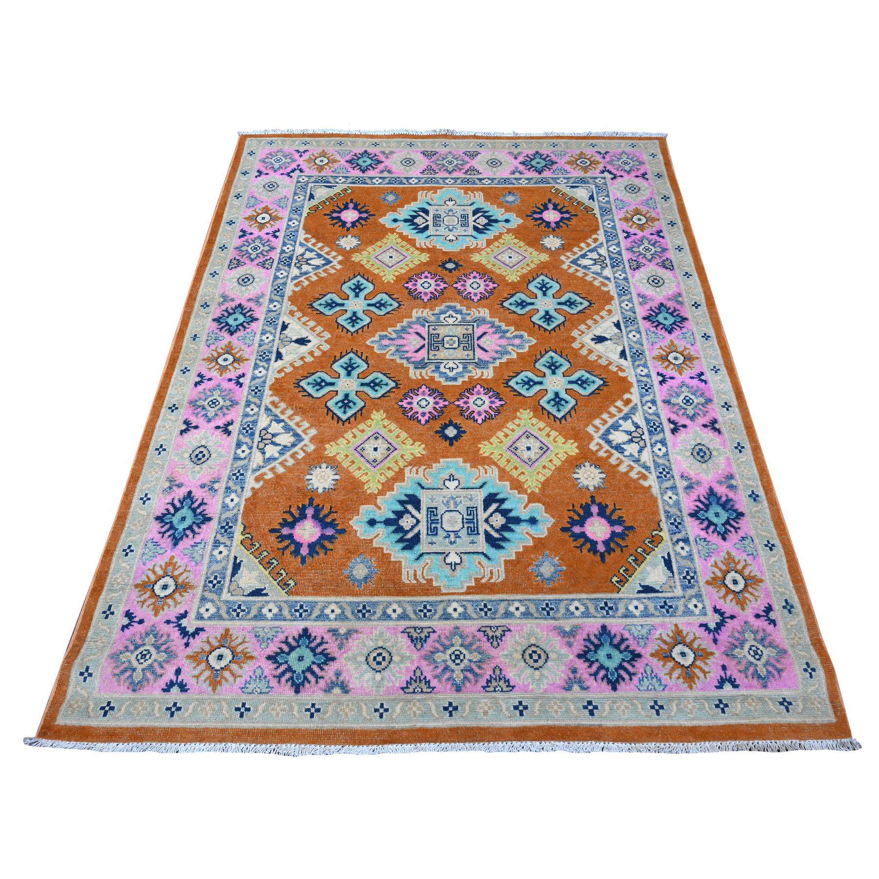 4'9"x6'5" Alloy Orange, Hand Knotted, Pure And Shiny Wool, Caucasian Design, Fusion Kazak, Oriental Rug HR89230