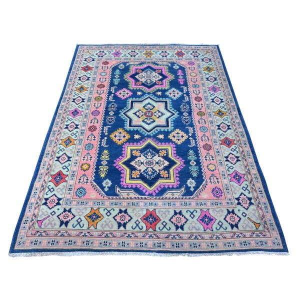 5'x6'10" Lowes Blue, Multiple Borders, Hand Knotted With Pop Of Color, Fusion Kazak, All Over Vibrant Caucasian Elements, Oriental Rug HR89232