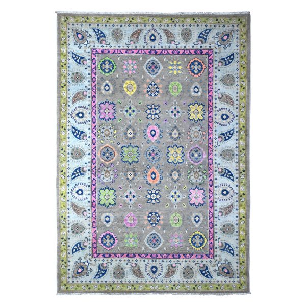 6'x8'8" Dorian Gray, Colorful Fusion Kazak, Hand Knotted, Organic Wool, Caucasian All Over Design, Oriental Rug HR89233