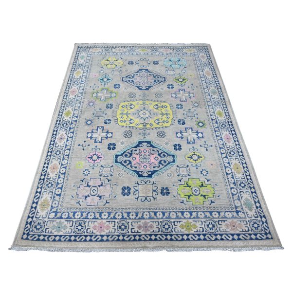 4'9"x6'9" Stone Eagle Gray, Fusion Kazak, Soft And Velvety Wool, Hand Knotted With Colorful Caucasian Design, Oriental Rug HR89238