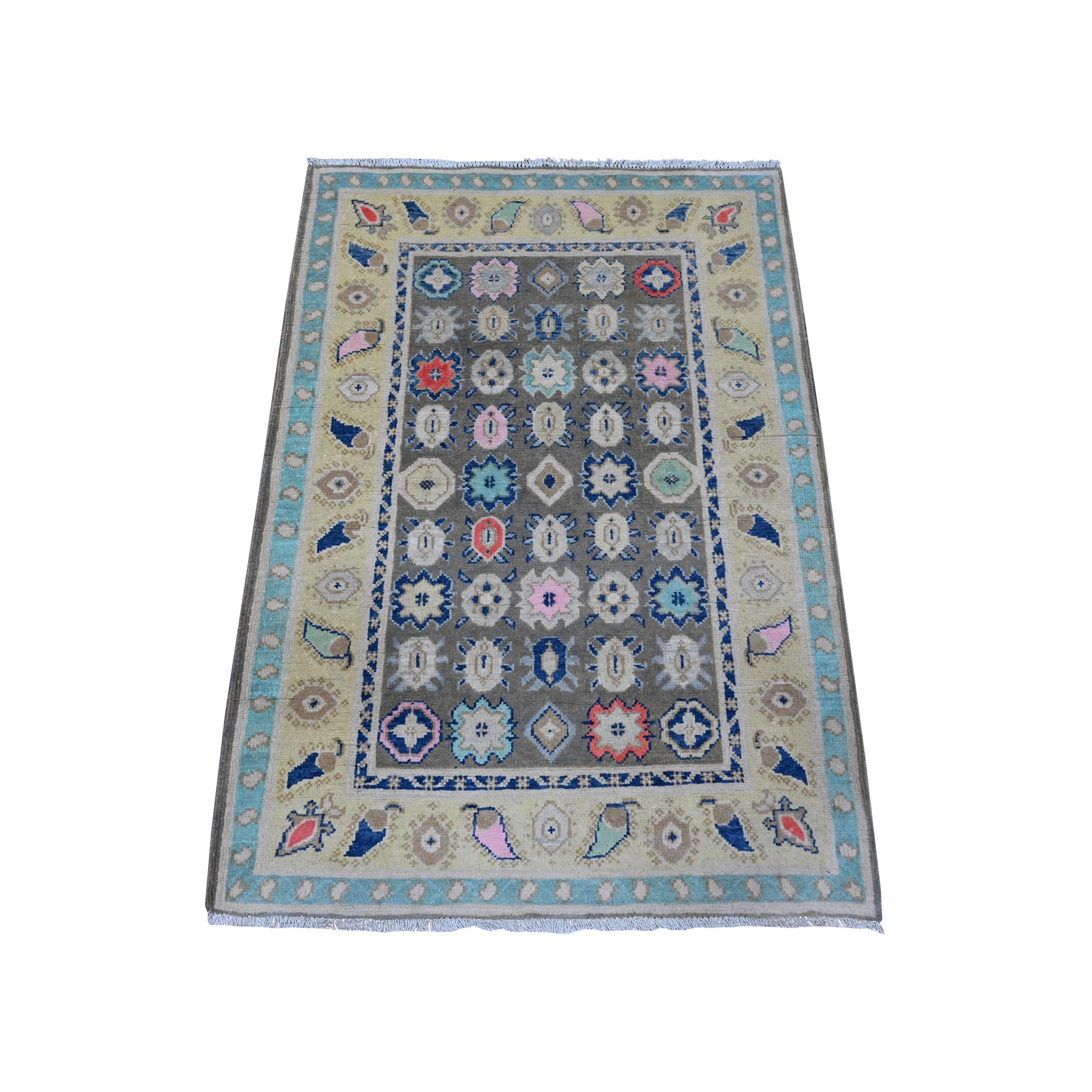 2'9"x4' Power Gray, Extra Soft Wool, Hand Knotted With Colorful Caucasian Design, Fusion Kazak Oriental Rug HR89240