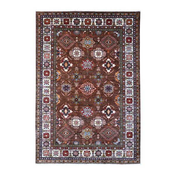 6'x8'10" Sepia Brown, Vegetable Dyes Hand Knotted, Velvety Wool, Afghan Geometric Pattern All Over Super Kazak Oriental Rug HR89300