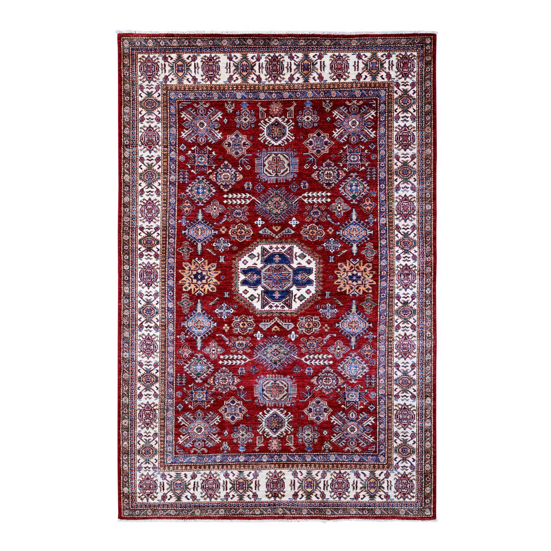 6'1"x9'3" Currant Red With Dove White, Afghan Super Kazak Natural Dyes, Extra Soft Wool, All Over Geometric Elements With Large Central Medallion, Hand Knotted Oriental Rug HR89301