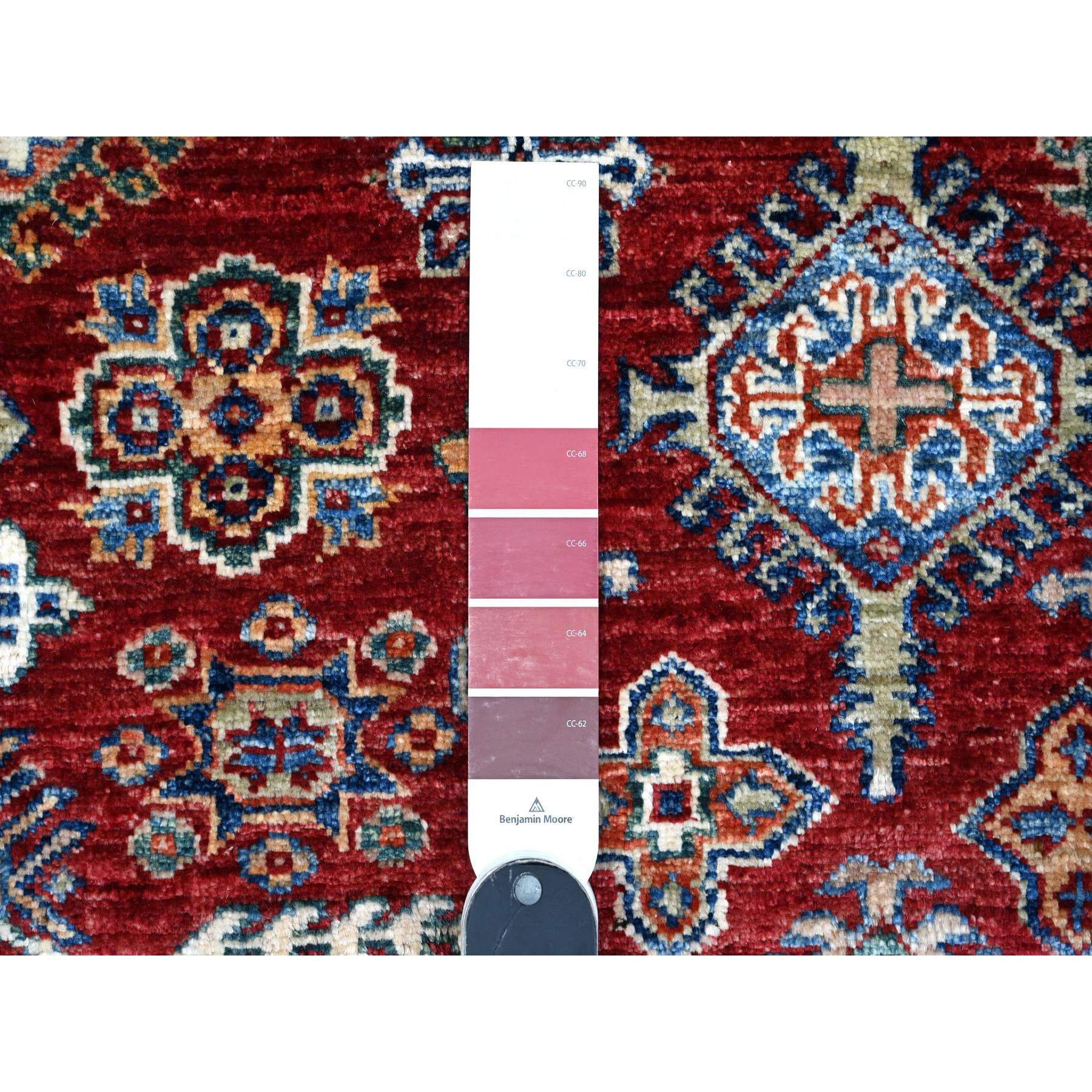6'1"x9'3" Currant Red With Dove White, Afghan Super Kazak Natural Dyes, Extra Soft Wool, All Over Geometric Elements With Large Central Medallion, Hand Knotted Oriental Rug HR89301 - Image 3