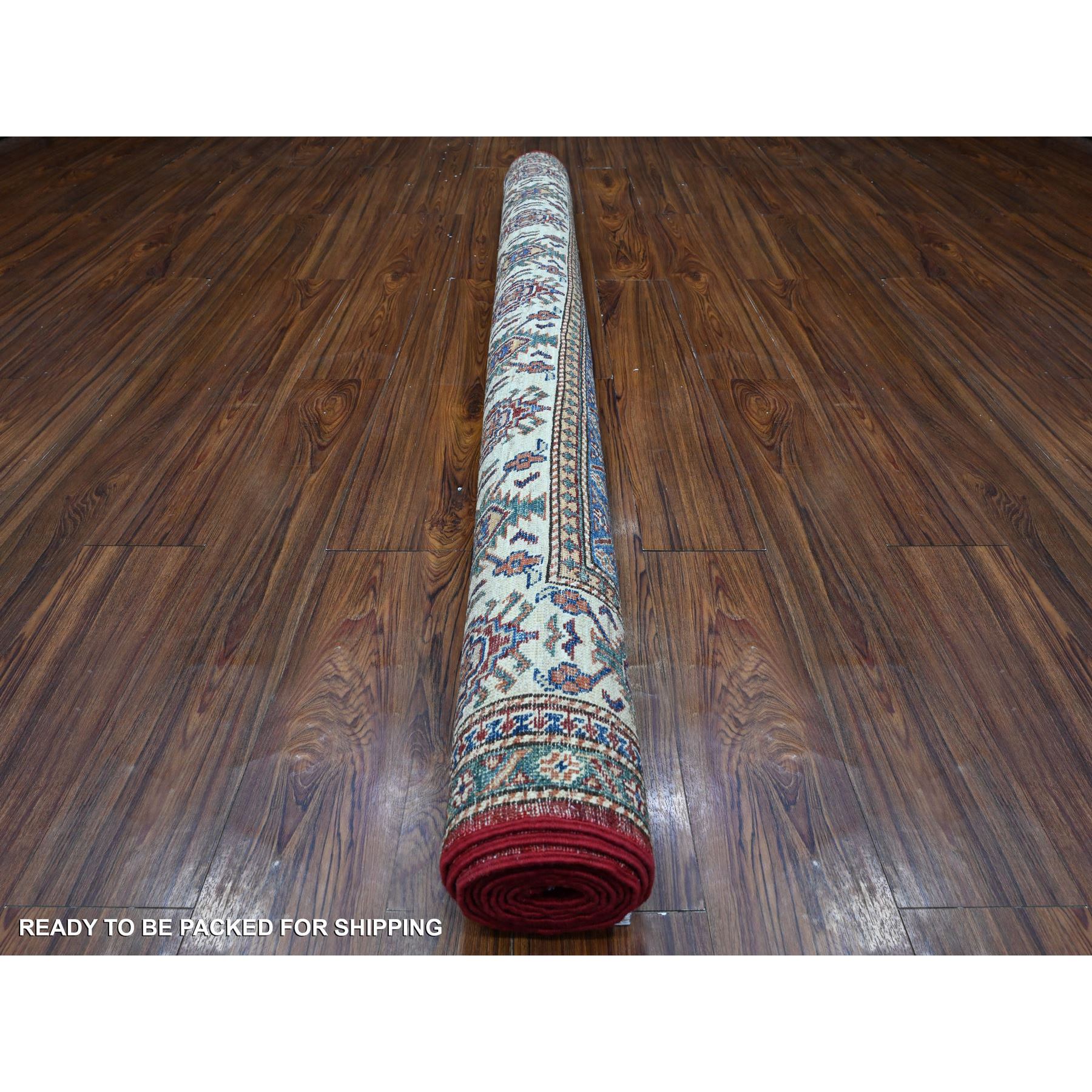 6'1"x9'3" Currant Red With Dove White, Afghan Super Kazak Natural Dyes, Extra Soft Wool, All Over Geometric Elements With Large Central Medallion, Hand Knotted Oriental Rug HR89301 - Image 4