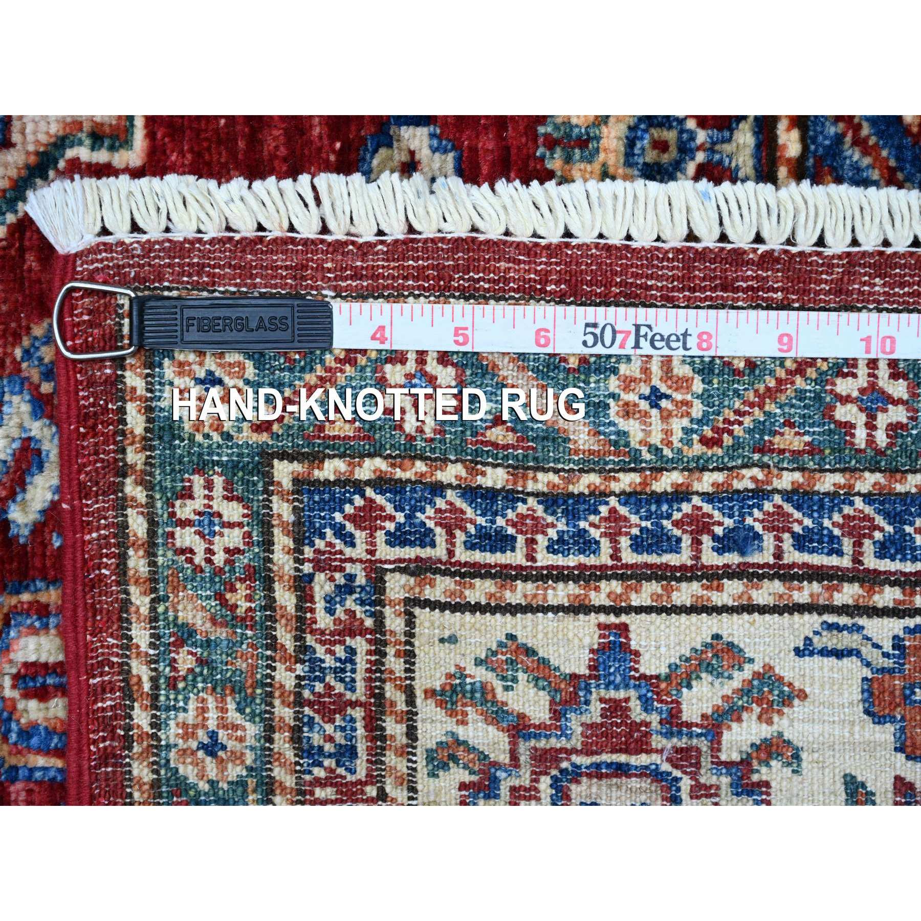 6'1"x9'3" Currant Red With Dove White, Afghan Super Kazak Natural Dyes, Extra Soft Wool, All Over Geometric Elements With Large Central Medallion, Hand Knotted Oriental Rug HR89301 - Image 6
