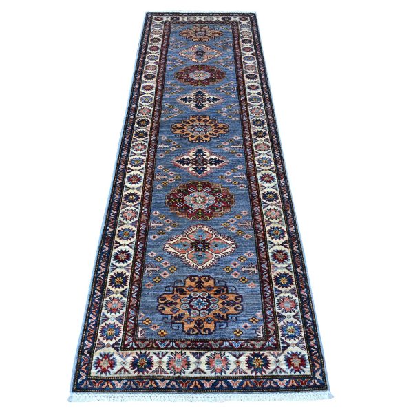 2'7"x8'4" Thundercloud Gray and Classic White, Hand Knotted Afghan Super Kazak, Vegetable Dyes, All Over Medallions, All Wool, Runner Oriental Rug HR89305